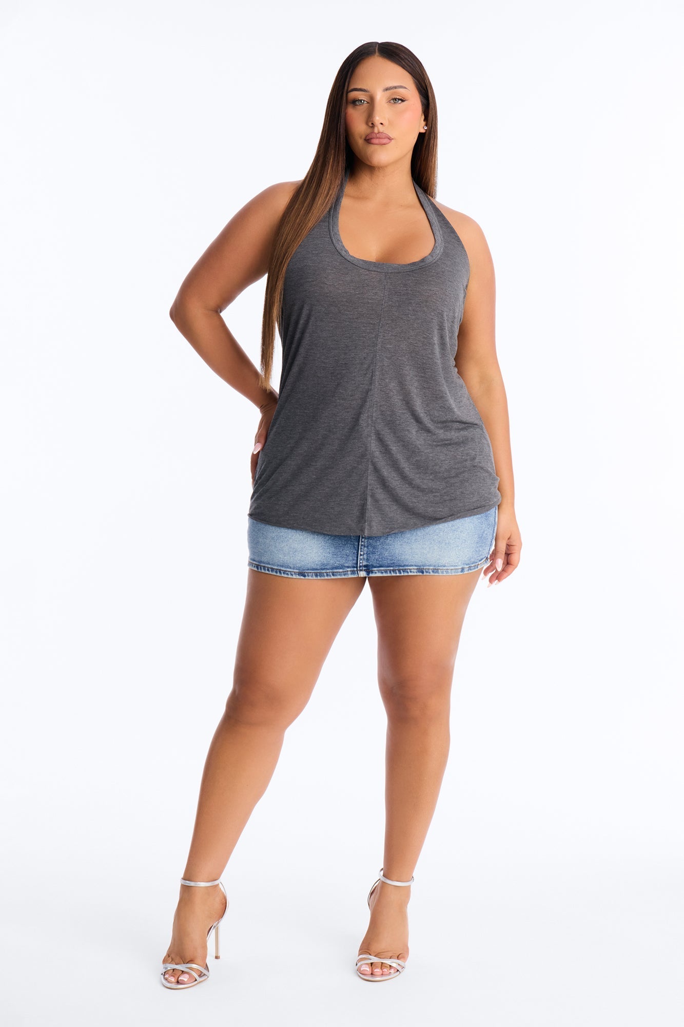 Cameron Sheer Scoop Neck Halter Top - Charcoal Fashion Nova