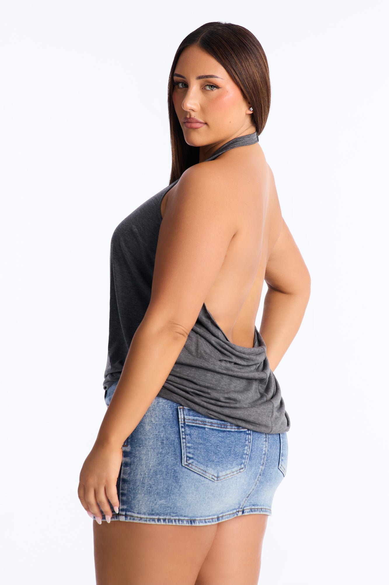 Cameron Sheer Scoop Neck Halter Top - Charcoal Fashion Nova