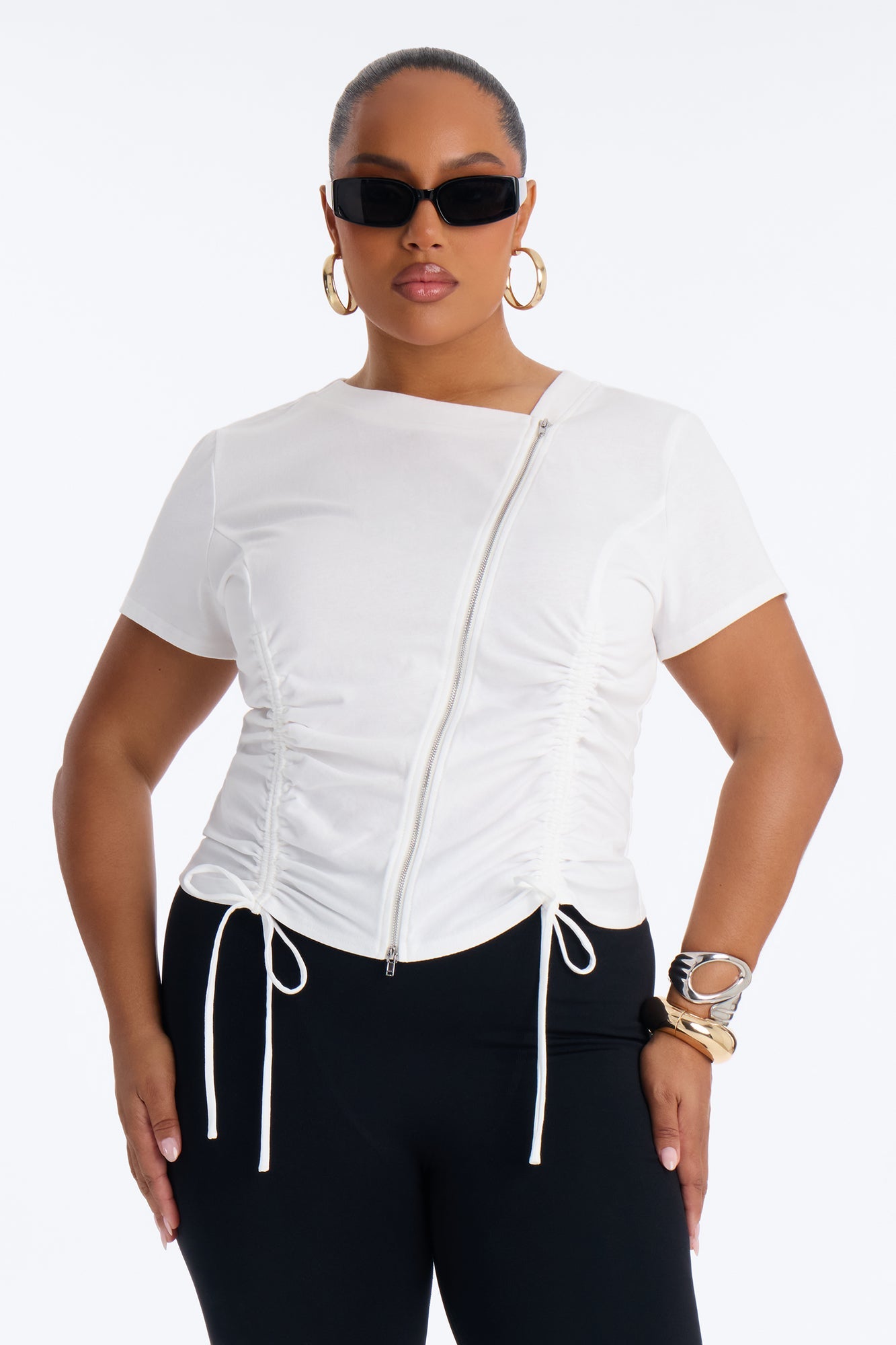 Unzip Me Ruched Short Sleeve Top - White