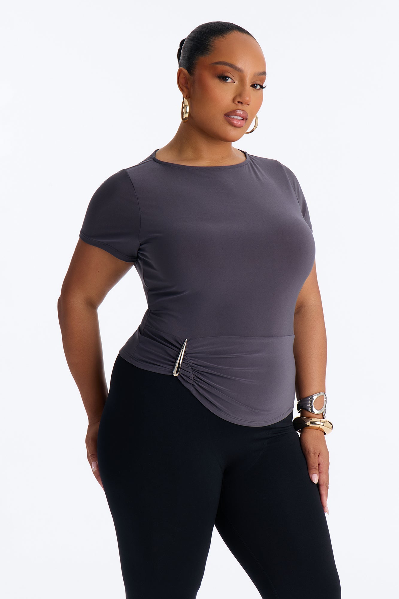 Chrome Kiss Hardware Short Sleeve Top - Charcoal