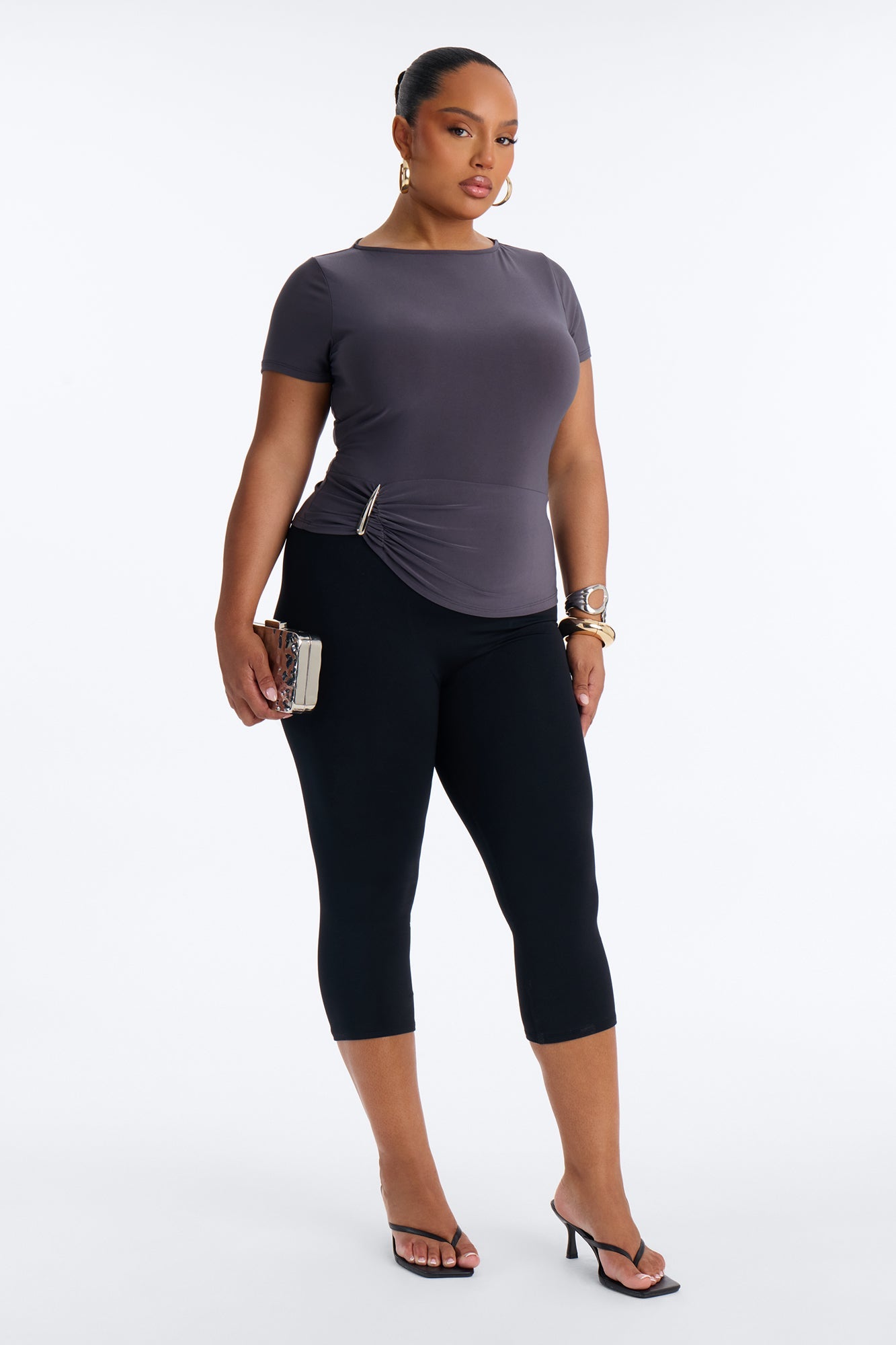 Chrome Kiss Hardware Short Sleeve Top - Charcoal