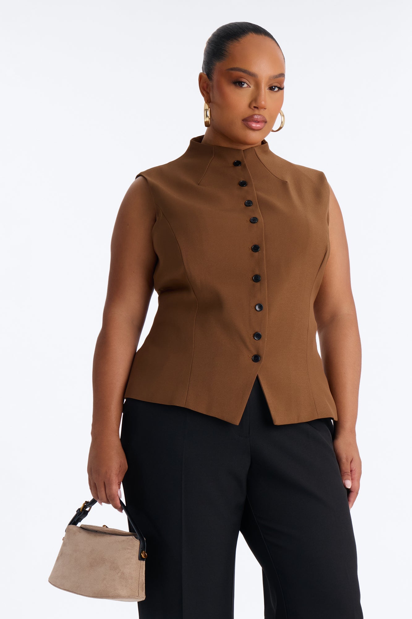 Lana Mock Neck Twill Top - Mocha