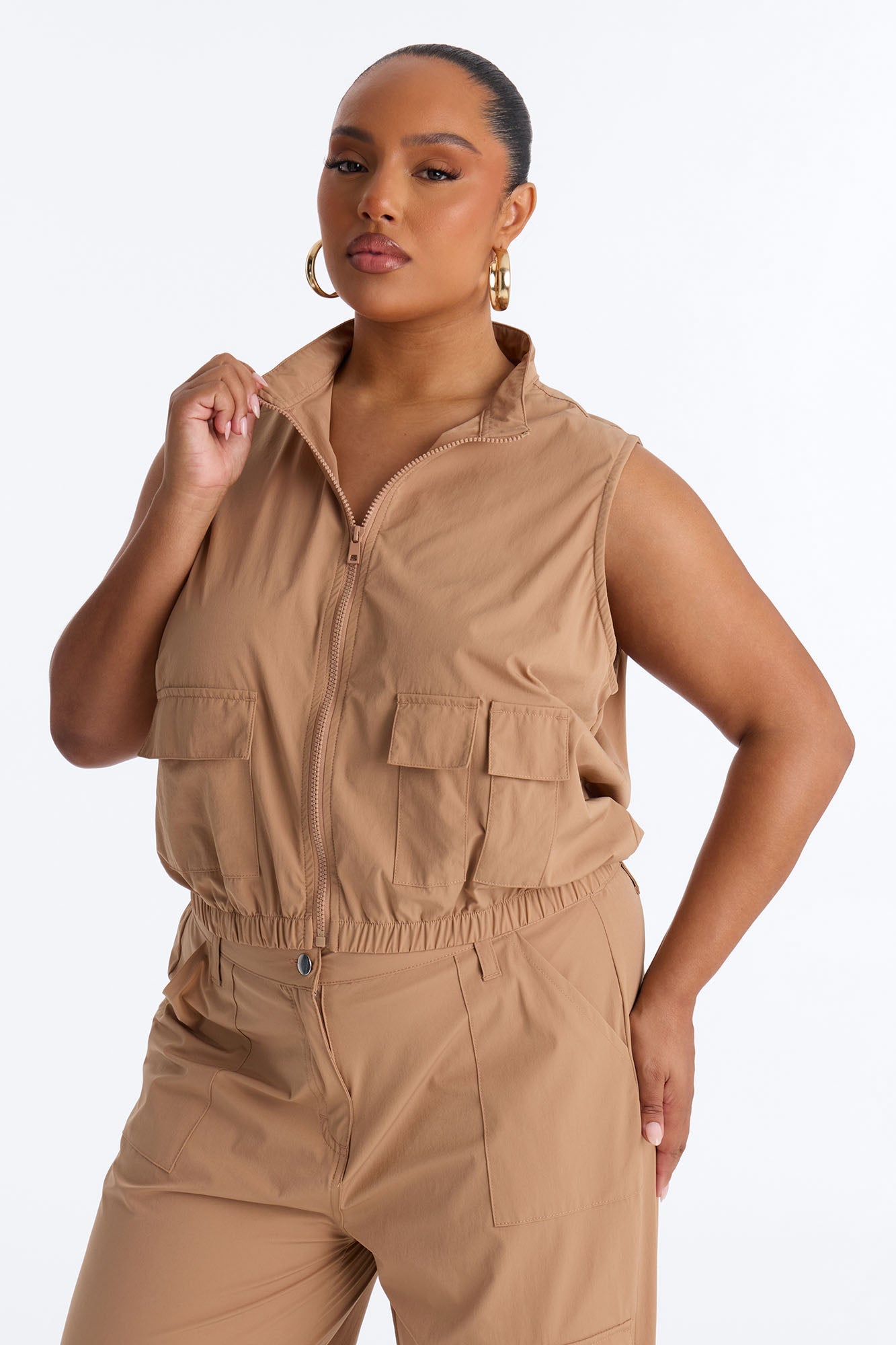 Nessa Nylon Cargo Sleeveless Vest Pant Set - Tan