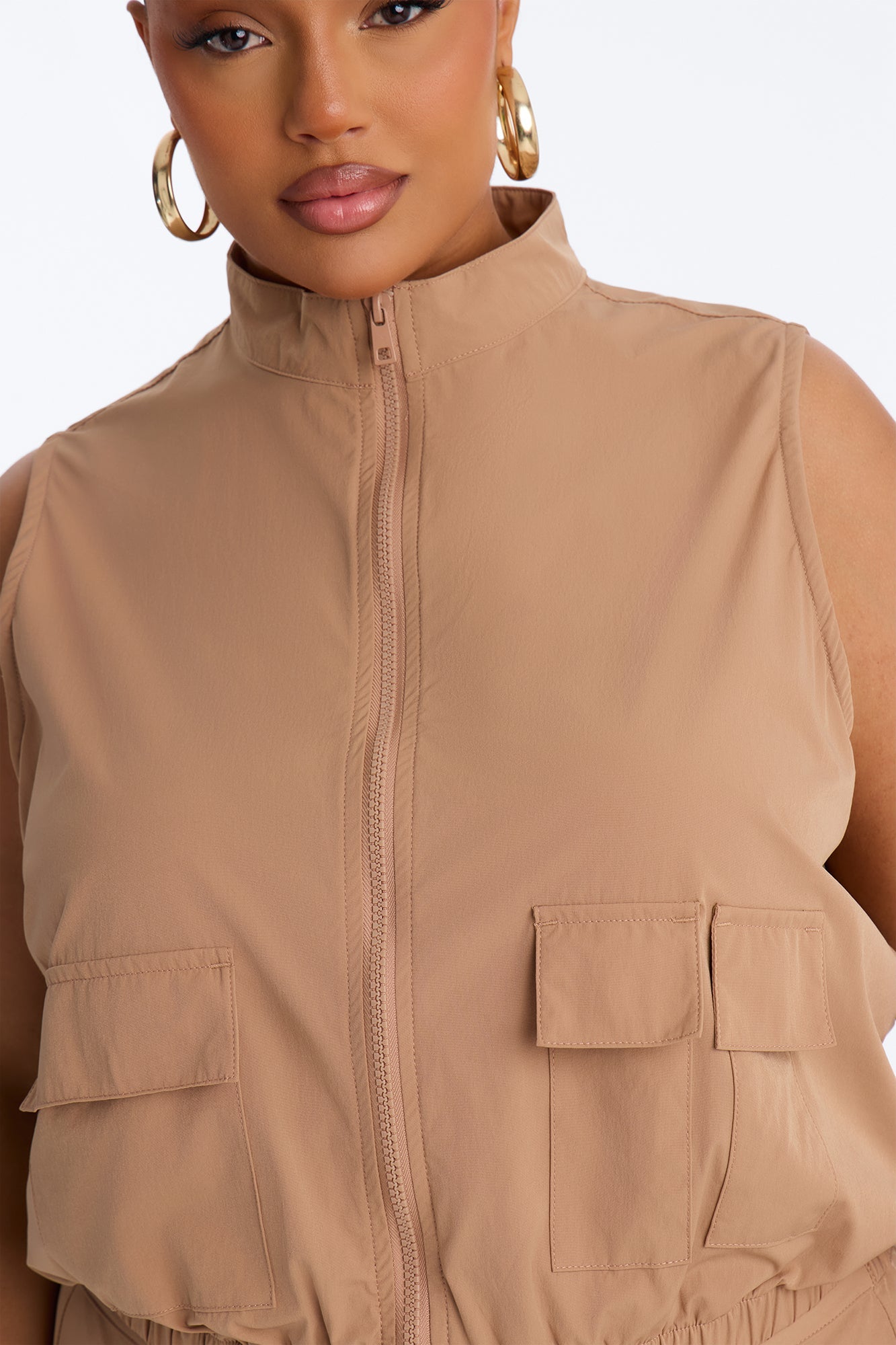 Nessa Nylon Cargo Sleeveless Vest Pant Set - Tan
