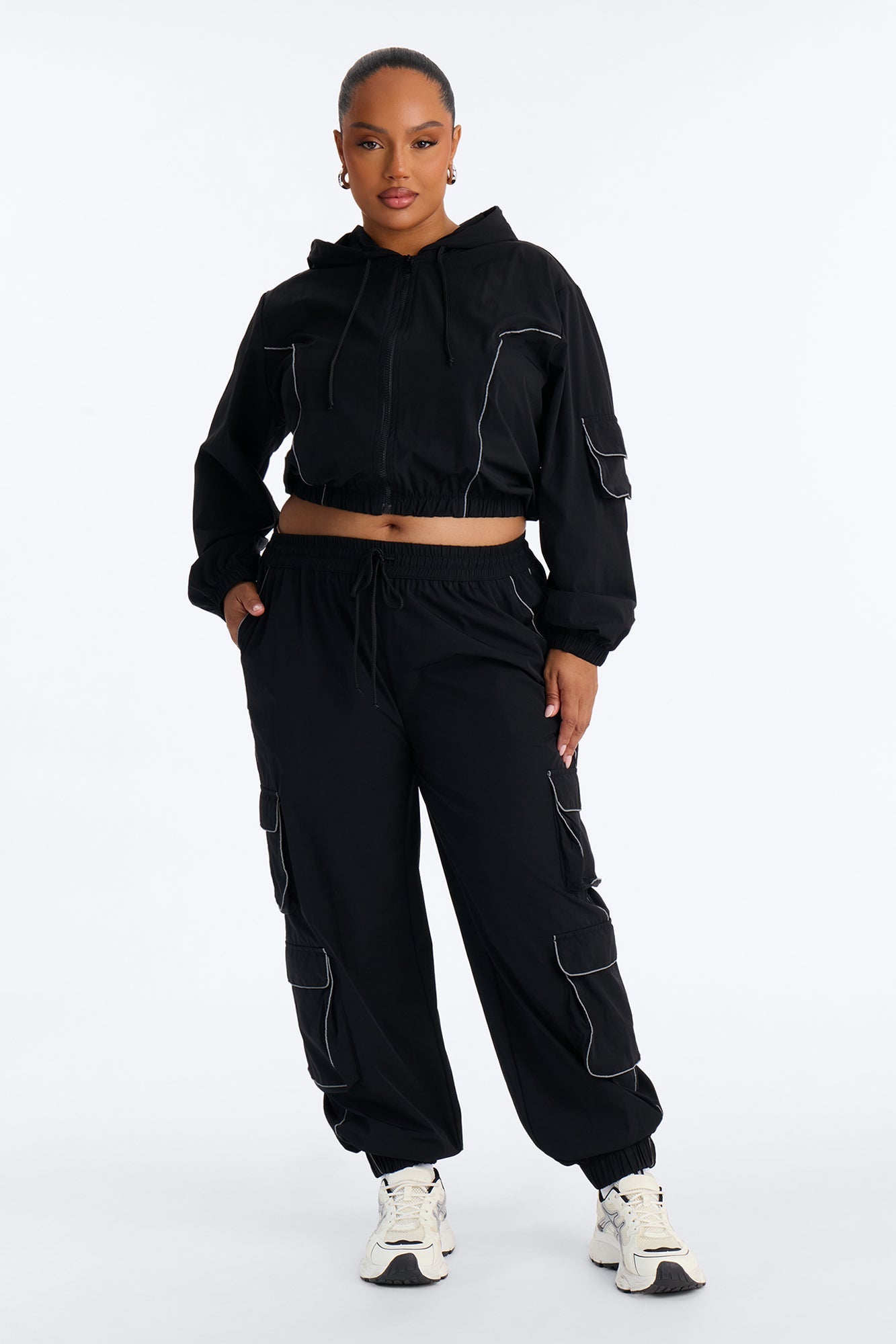 Nessa Nylon Cargo Hoodie Jogger Set - Black