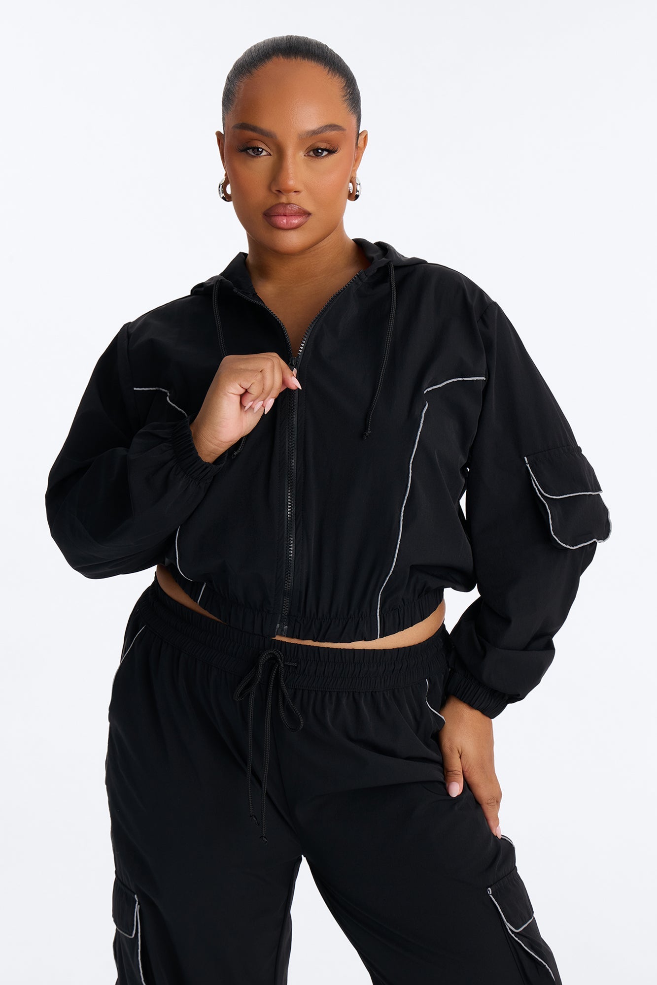 Nessa Nylon Cargo Hoodie Jogger Set - Black