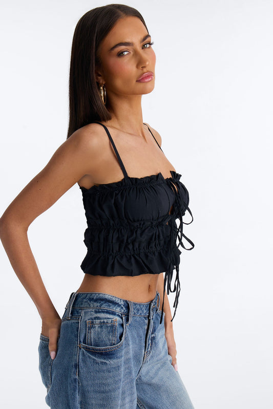 Maelle Tie Front Ruched Poplin Cami Top - Black