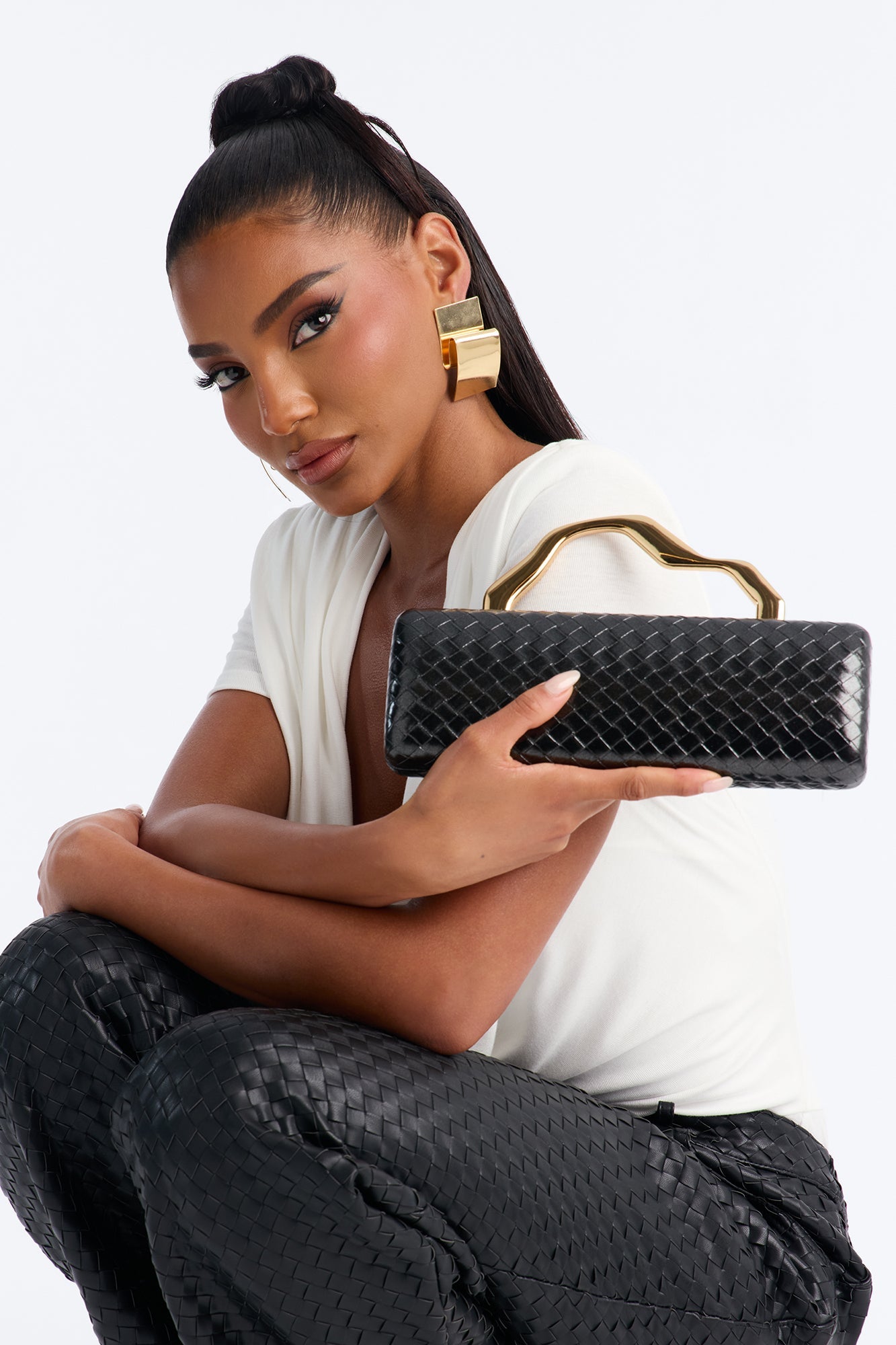 Deco Woven Faux Leather Clutch - Black
