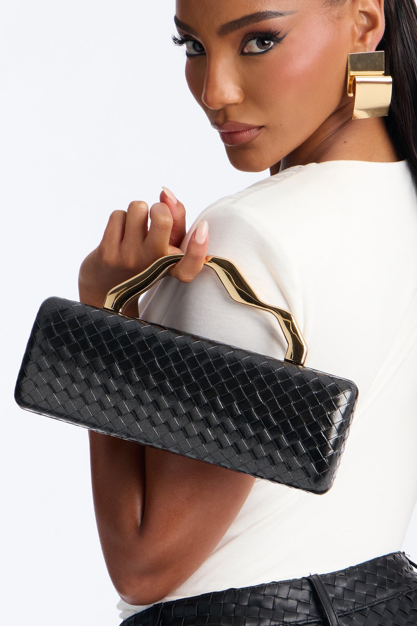 Deco Woven Faux Leather Clutch - Black