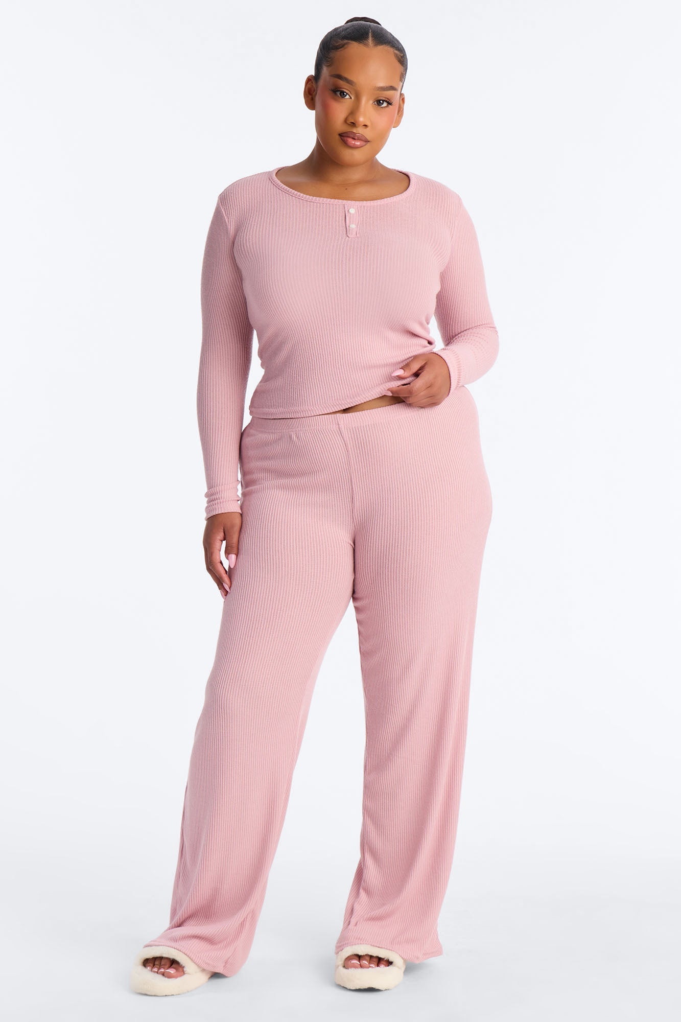Slumber Haven Ribbed Long Sleeve PJ Pant Set - Mauve
