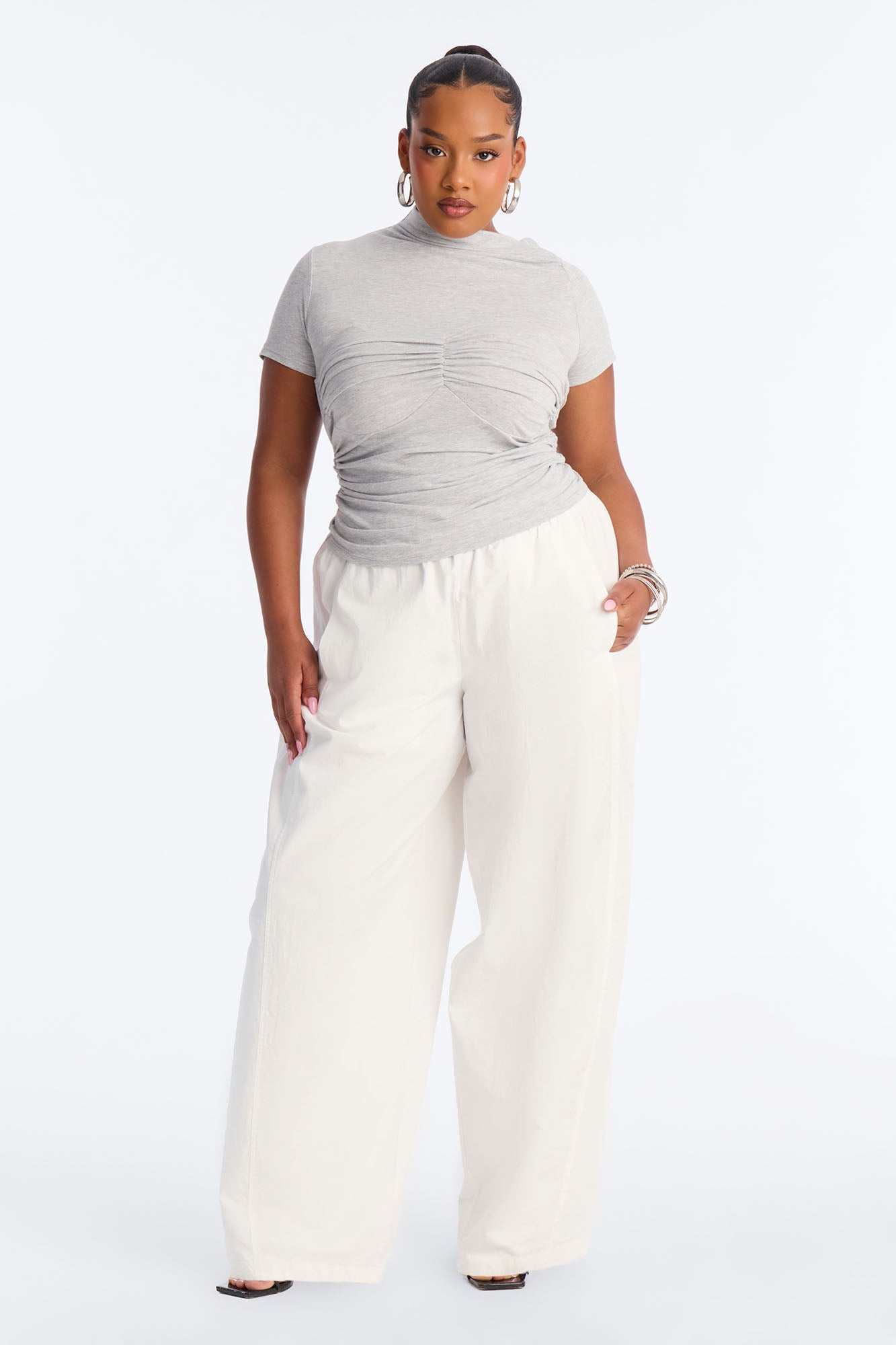 Coni Asymmetrical Mock Neck Short Sleeve Top - Grey
