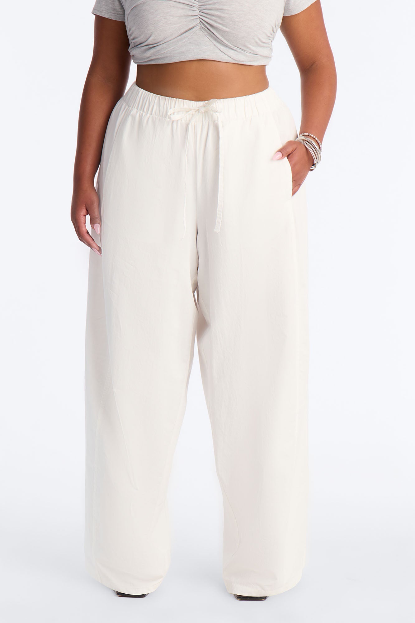 Maggie Low Rise Drawstring Wide Leg Pant 32″ - White