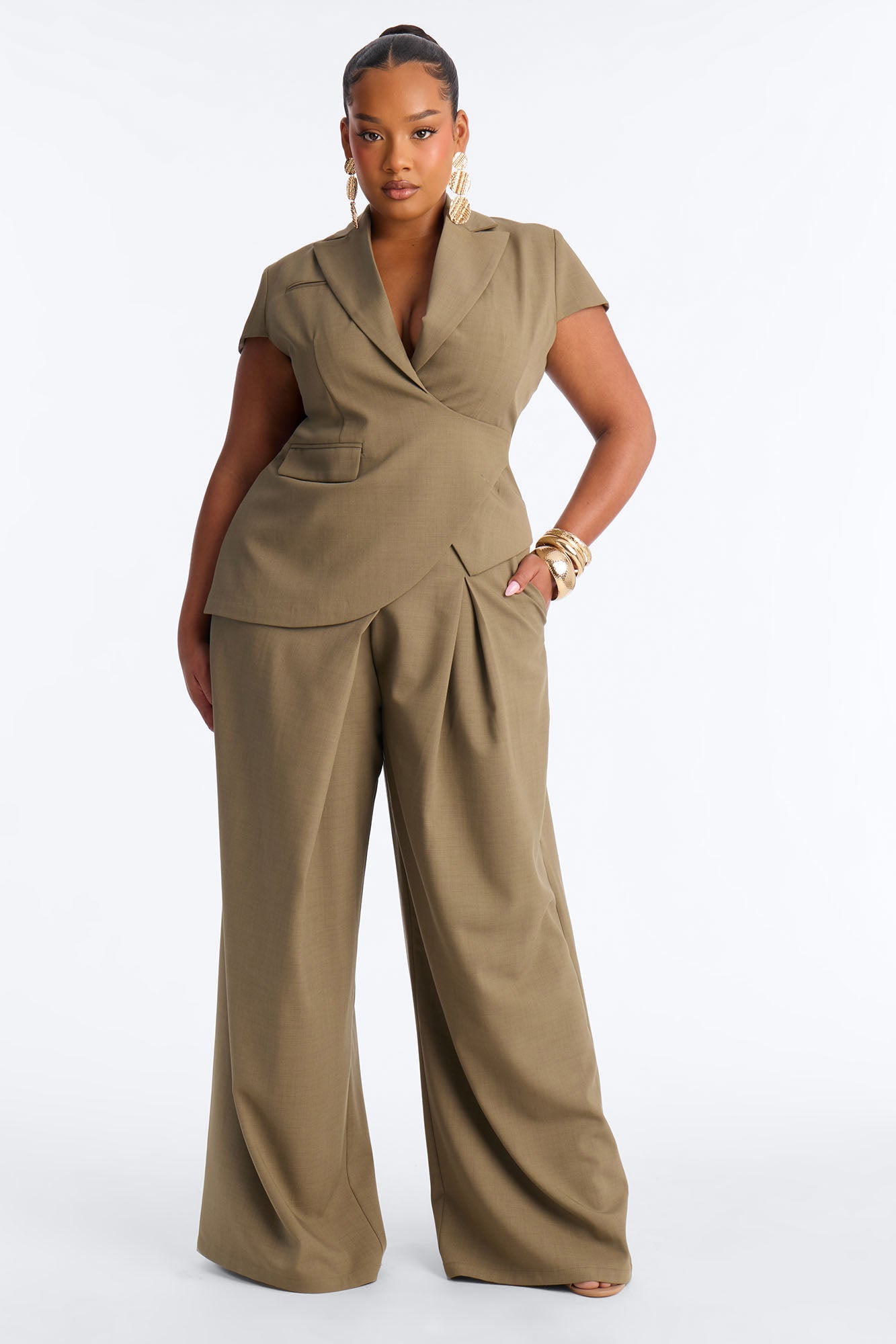 Tiana Belted Cap Sleeve Fitted Blazer - Caffe Fashion Nova