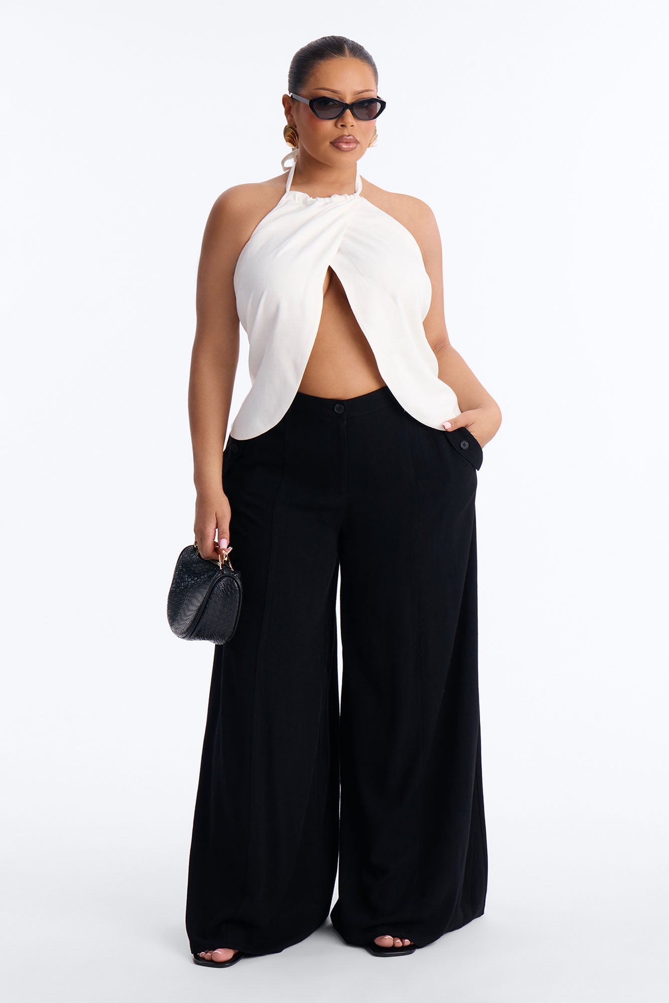 Snack First Wrap Over Linen Halter Top - White Fashion Nova