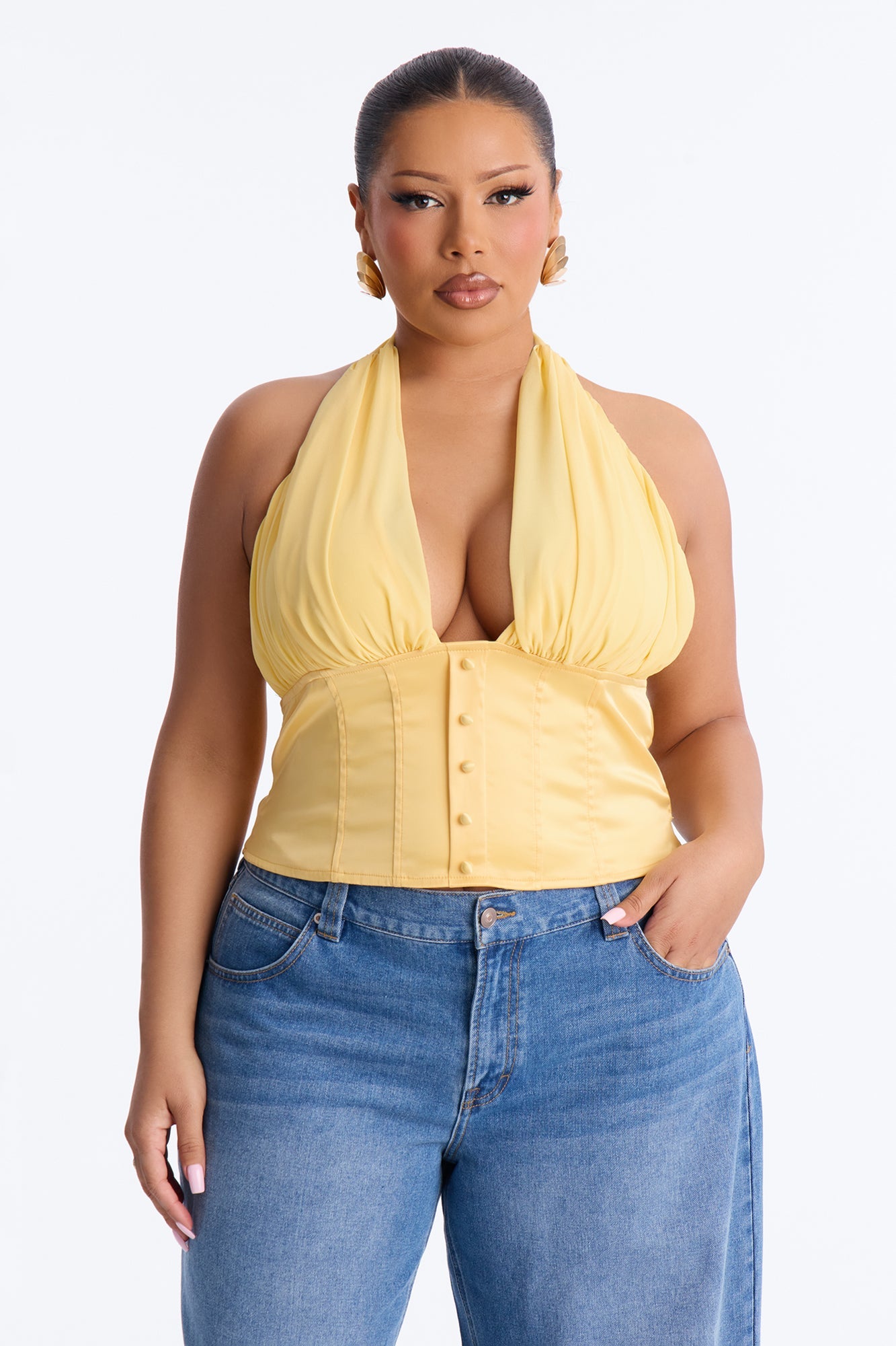 All Eyes Here Tie Neck Satin Halter Top - Yellow