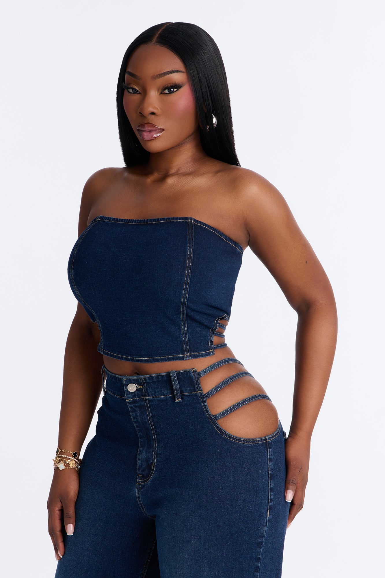 Arazia Denim Cut Out Pant Set - Dark Denim
