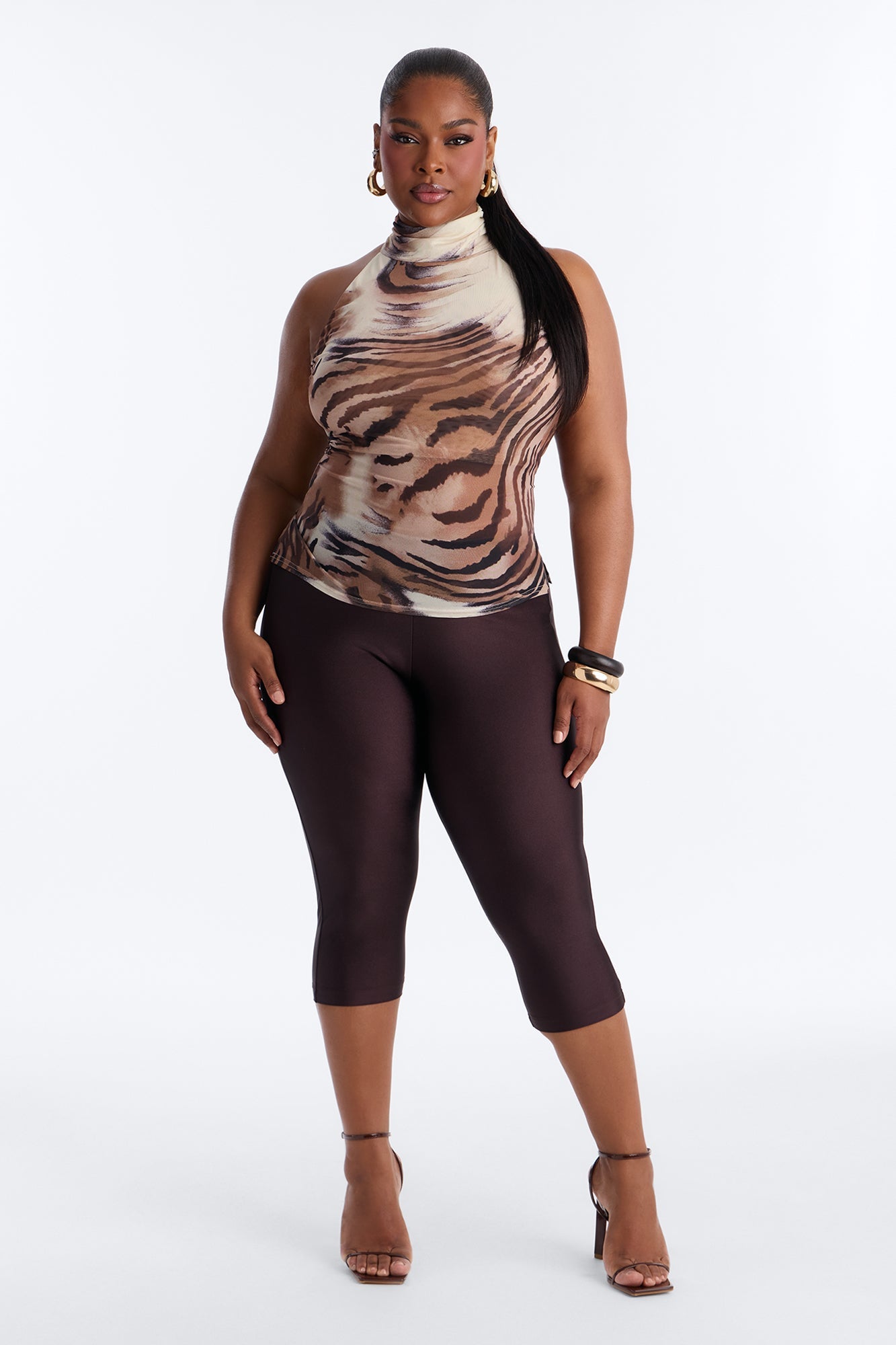 Fierce Tiger Mesh High Neck Sleeveless Top - Taupe/combo