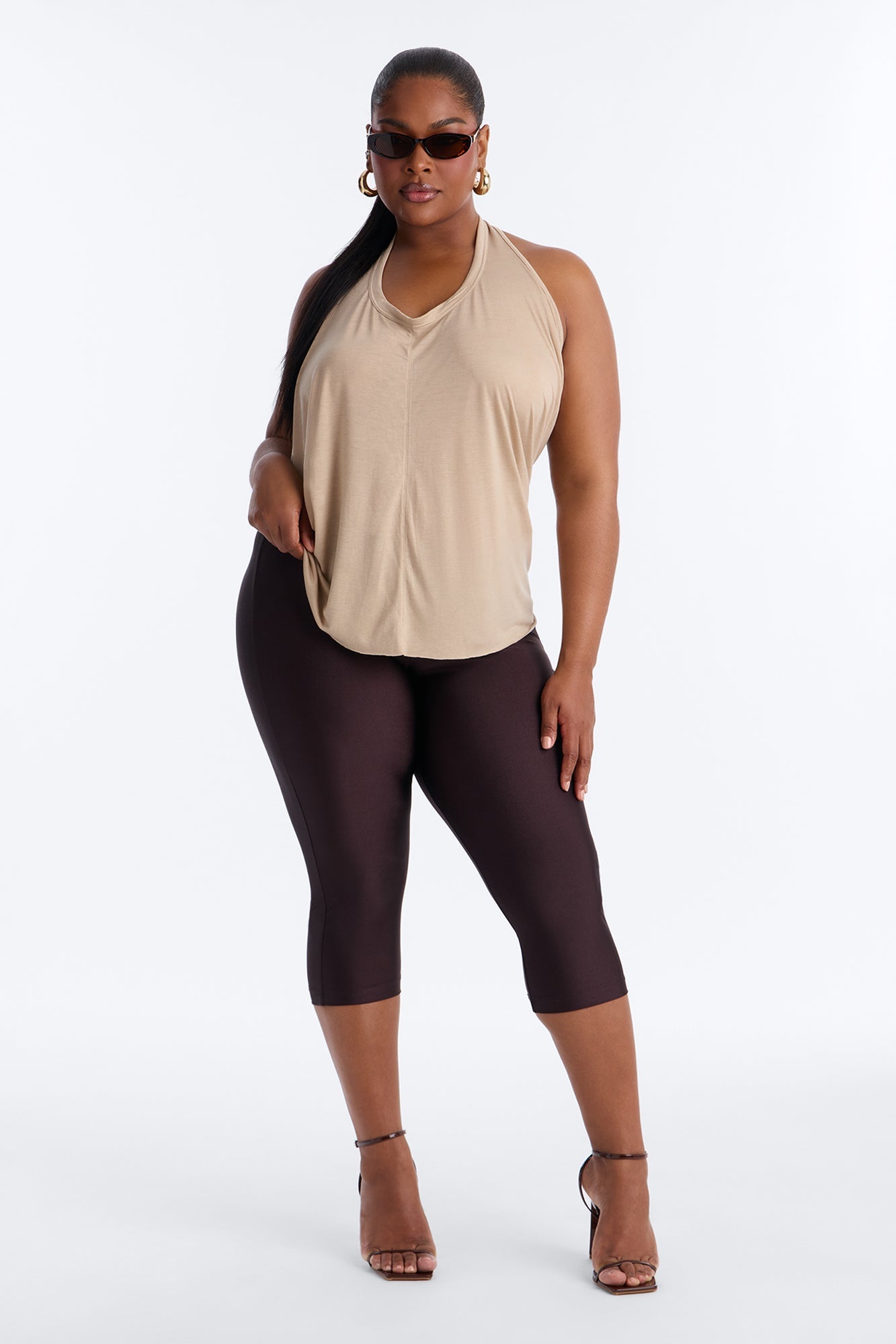 Cameron Sheer Scoop Neck Halter Top - Taupe