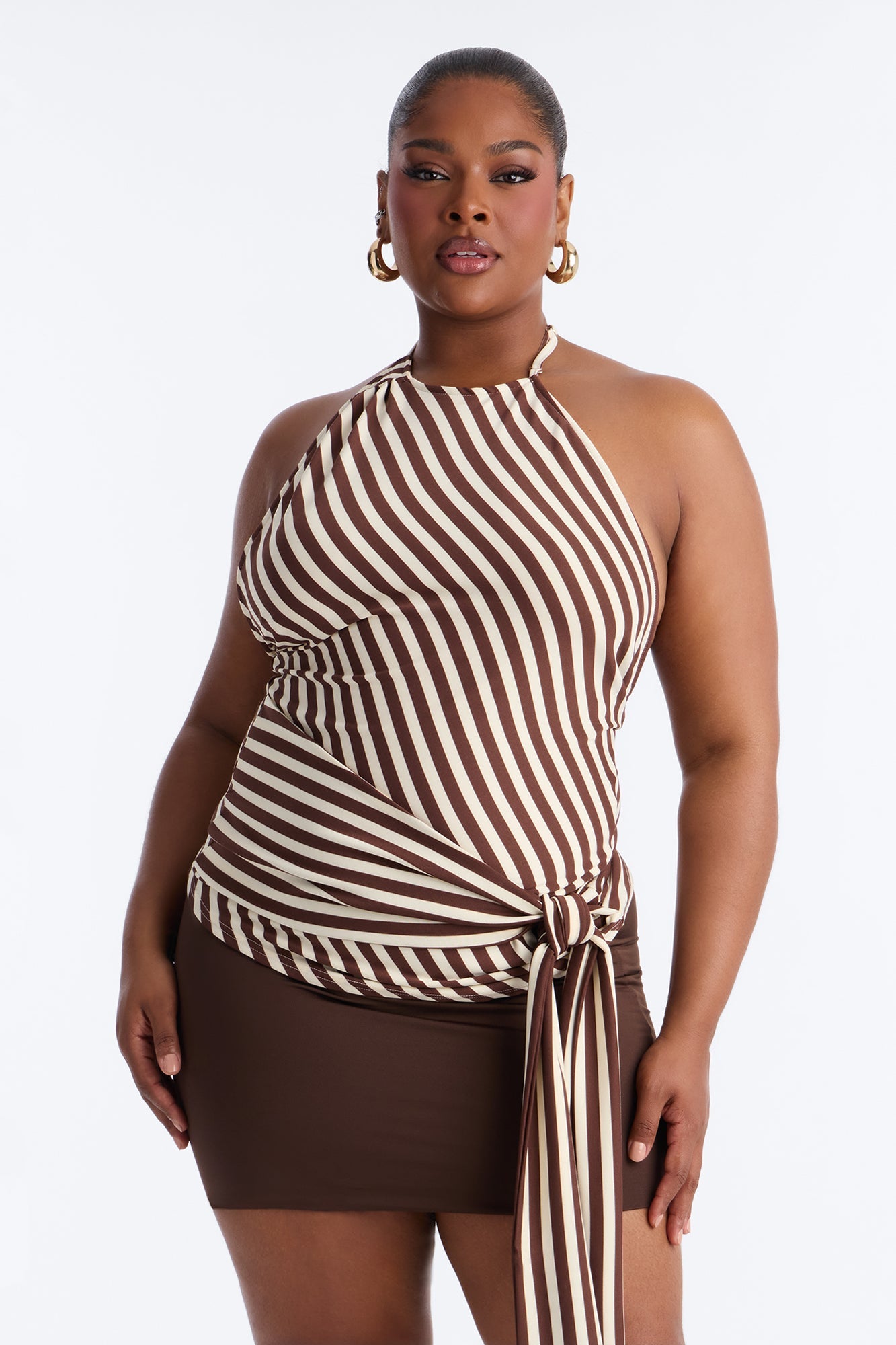 Steph Striped Draped Tie Halter Top - Mocha/combo