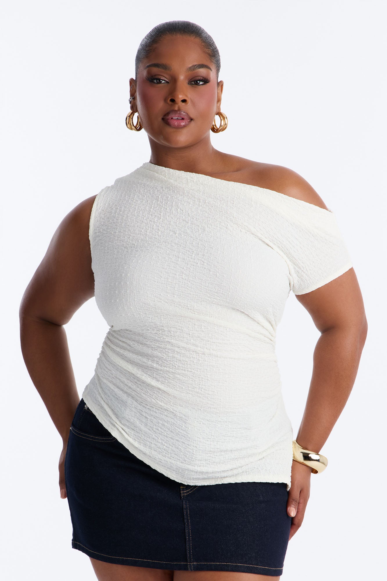 Tropical Tease Textured Off Shoulder Short Sleeve Top - Ivory