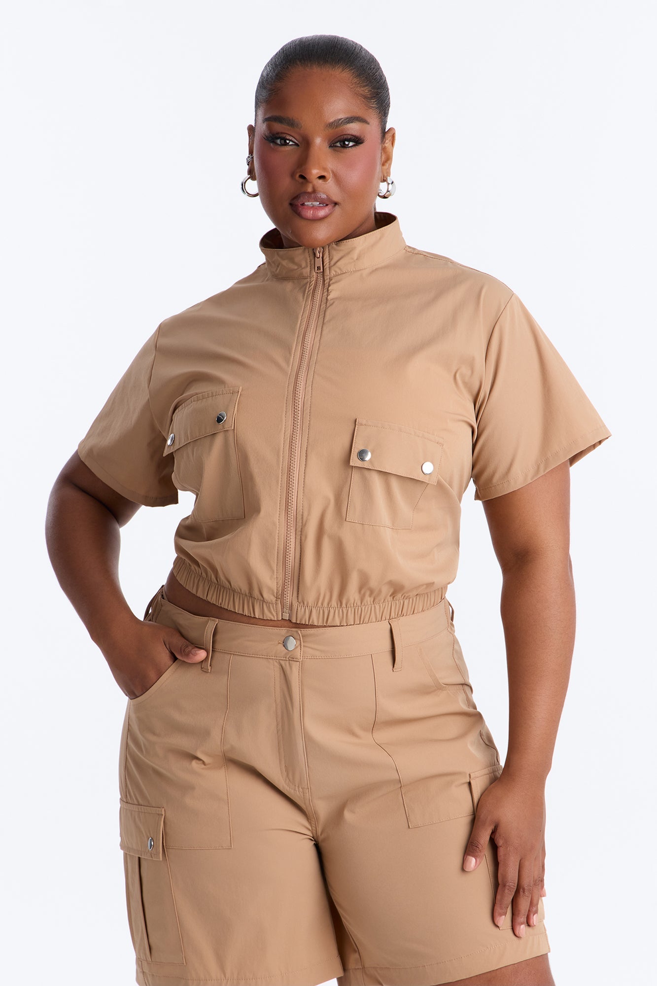 Nessa Nylon Cargo Short Set - Tan