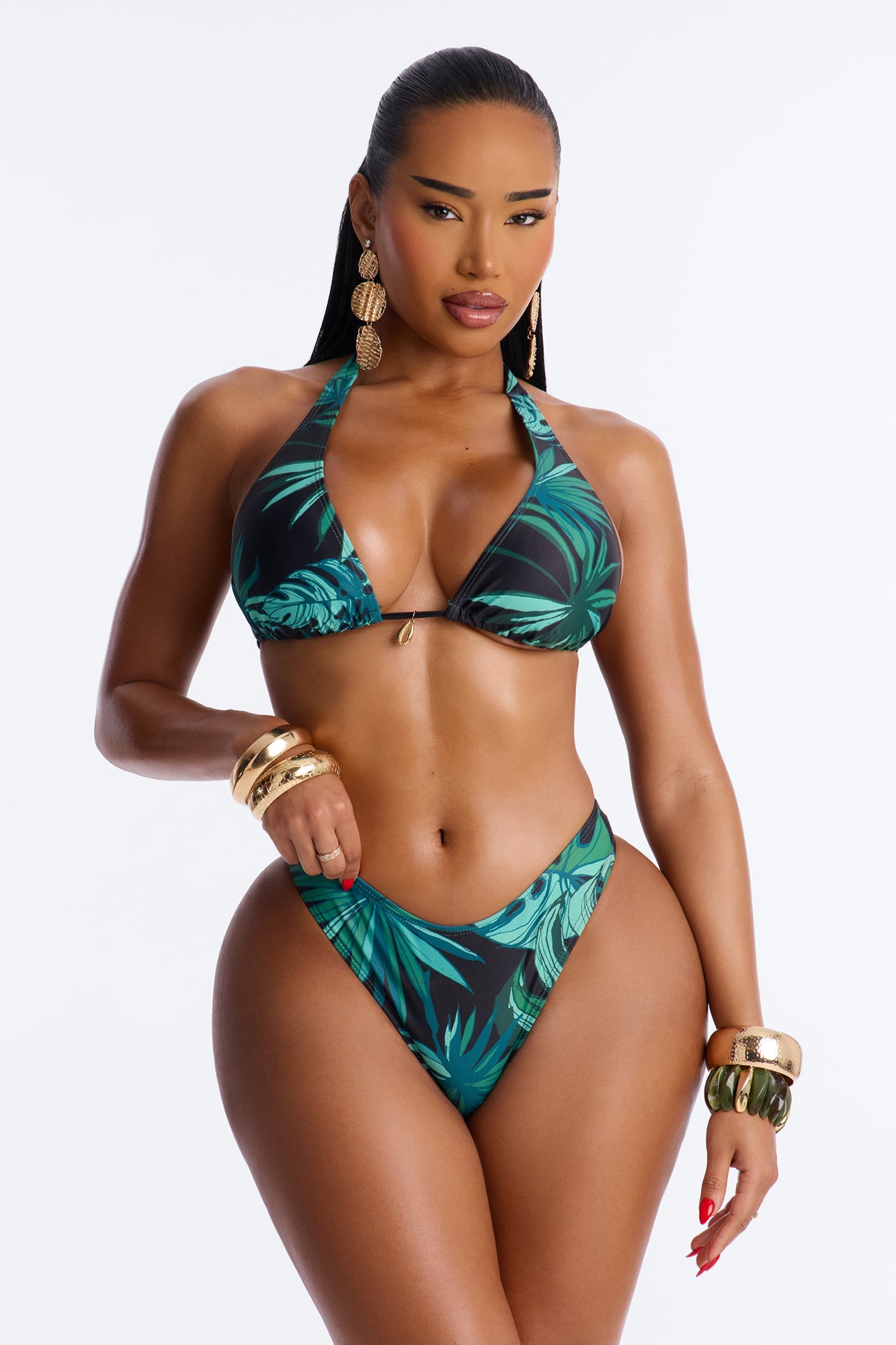 Tiki Goddess 3 Piece Triangle Bikini And Maxi Skirt Set - Green/combo