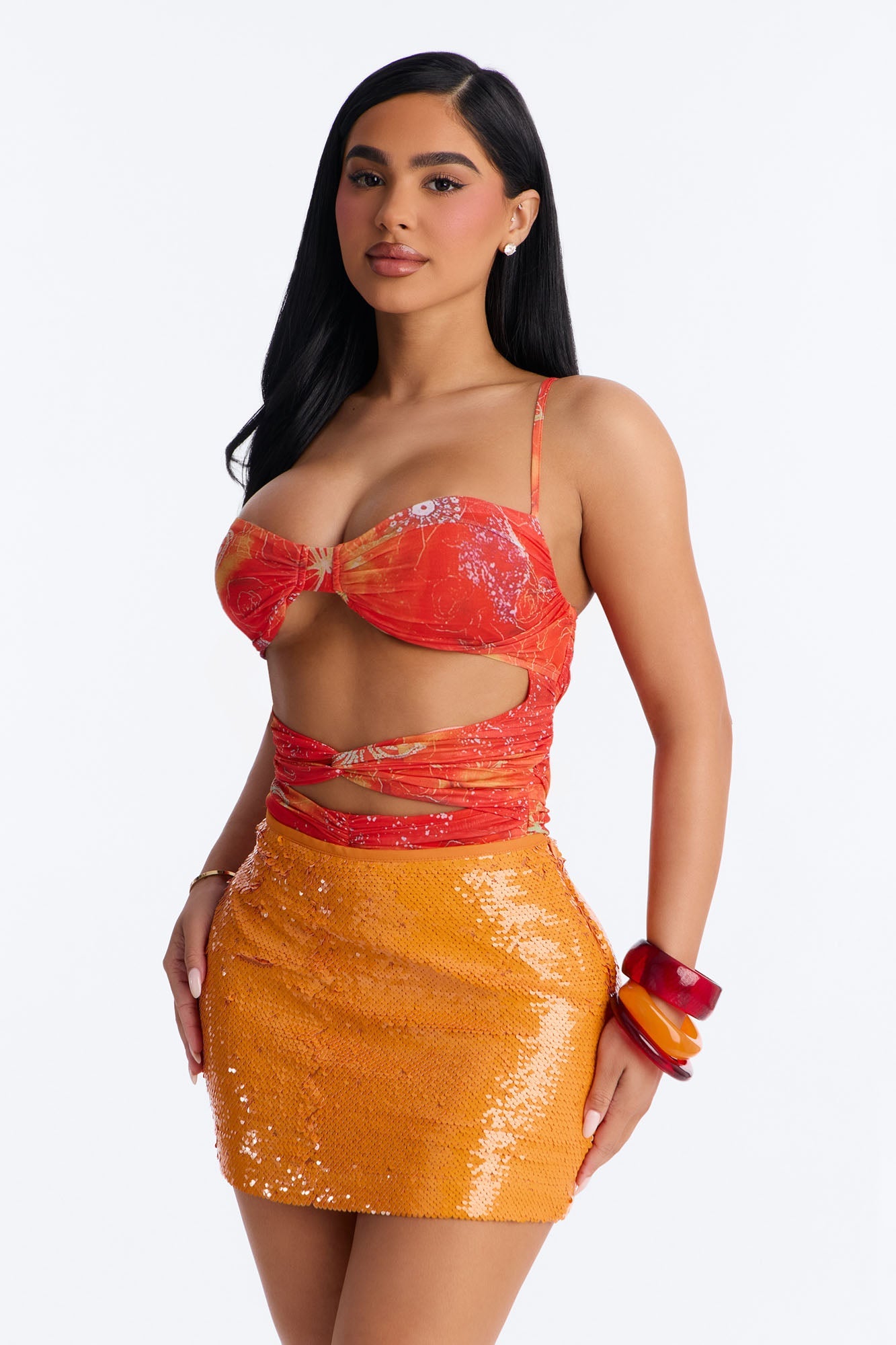 Summer Butterfly Mesh Cut Out Tank Top - Orange/combo