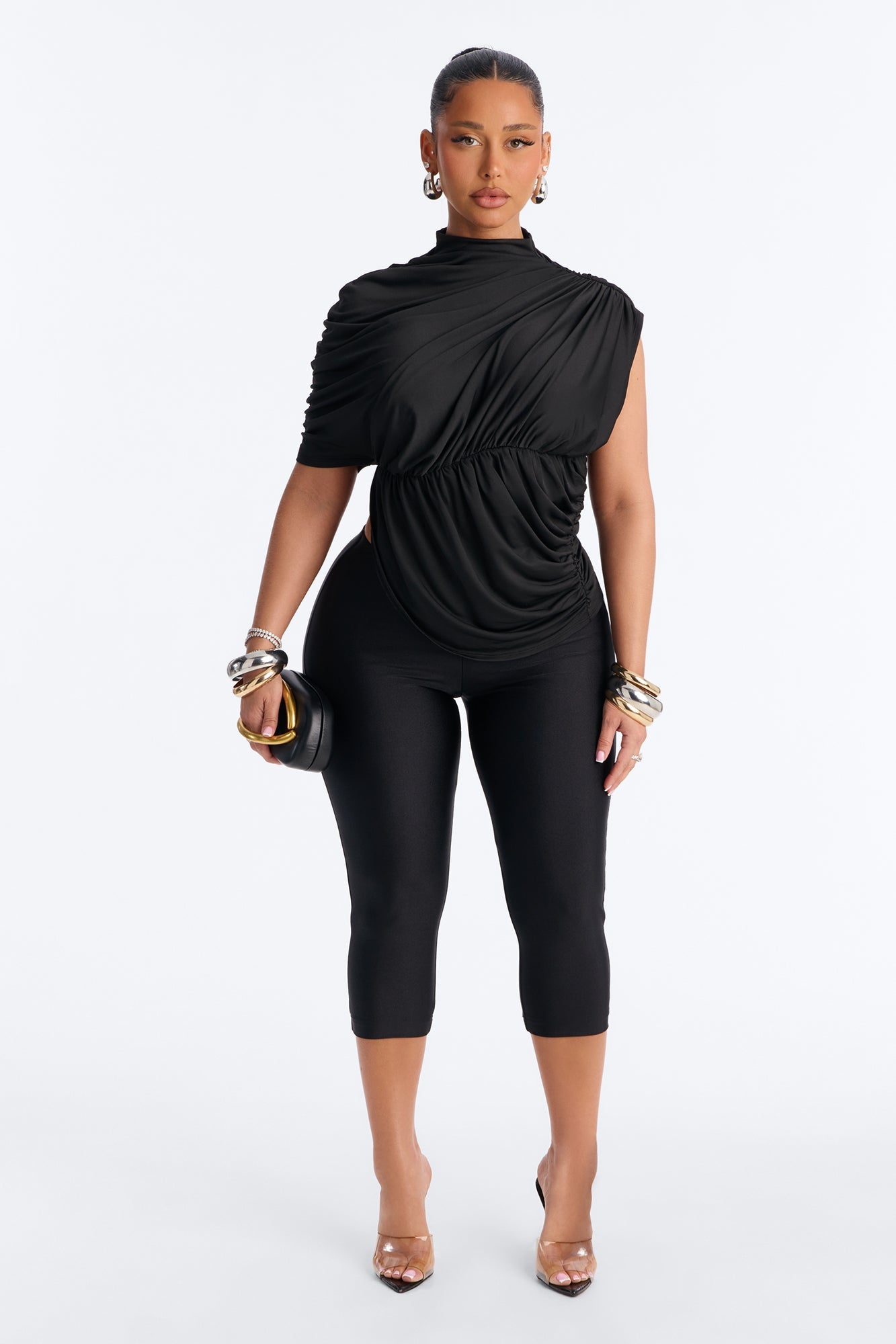 Madalyn Mock Neck Ruched Short Sleeve Top - Black Fashion Nova