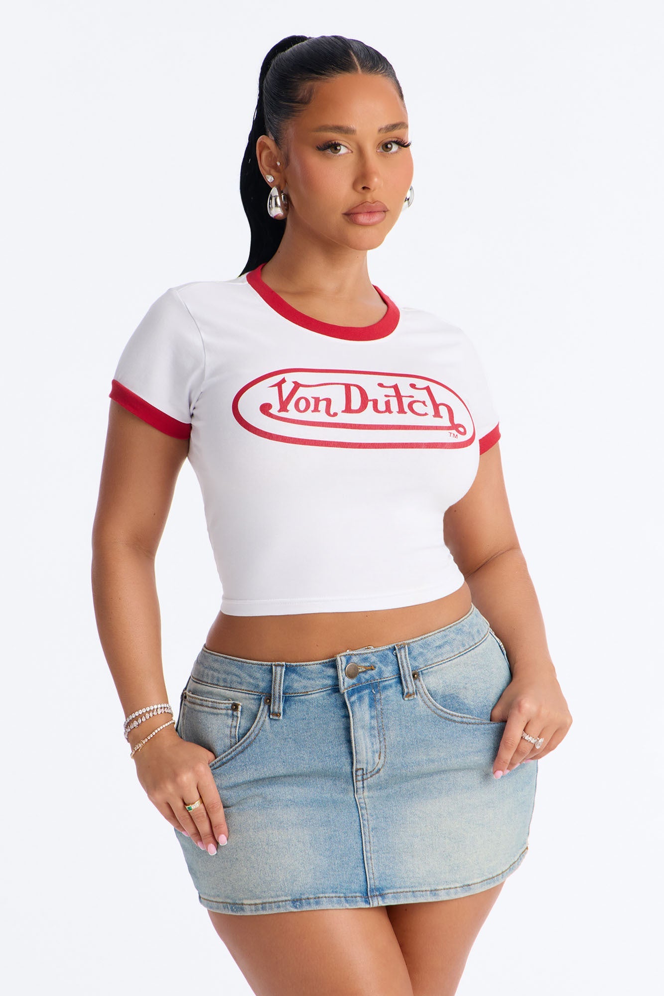 Von Dutch Rocker Ringer Cropped Tee - White