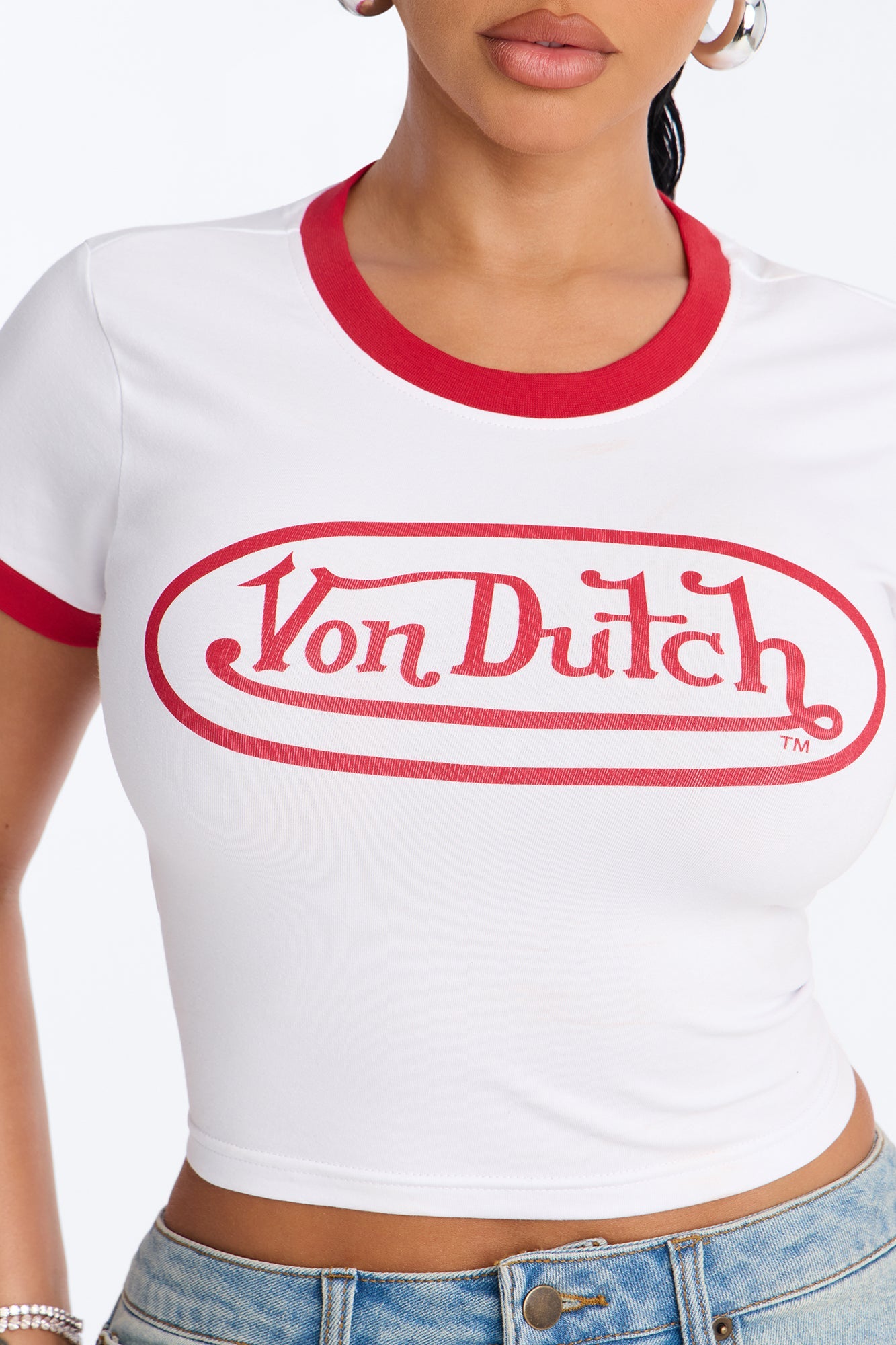 Von Dutch Rocker Ringer Cropped Tee - White