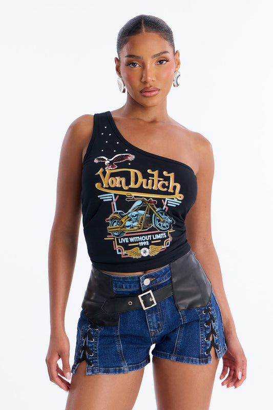 Von Dutch Rocker One Shoulder Tank With Studs - Black