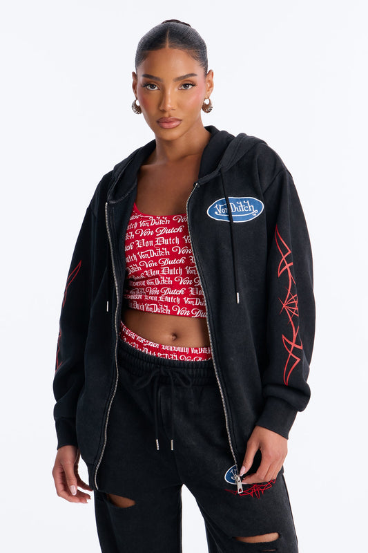 Von Dutch Logo Washed Zip Up Hoodie - Black Wash