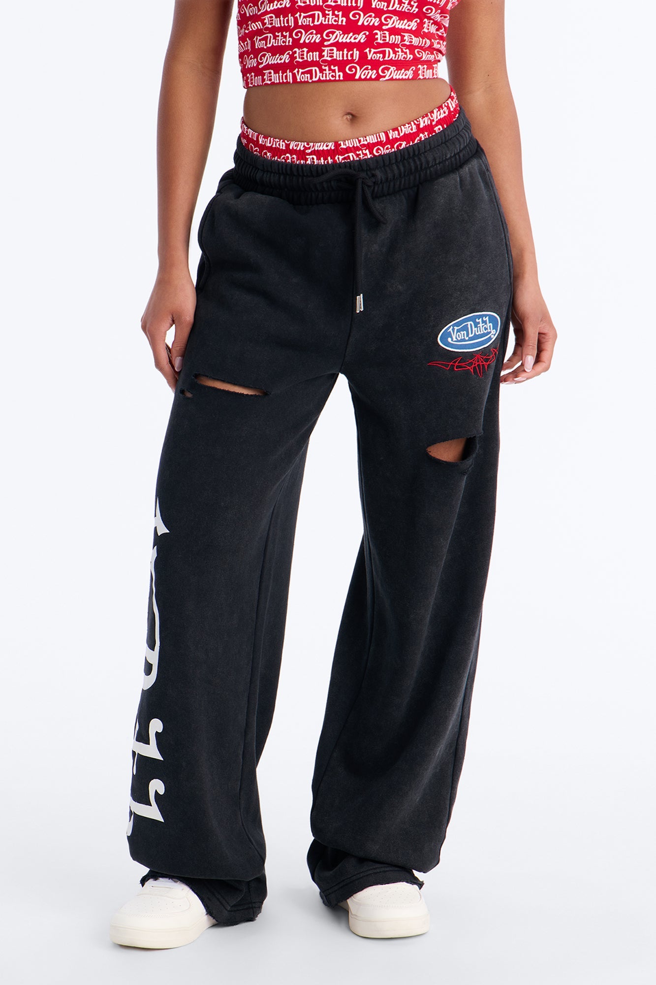 Von Dutch Waistband Washed Wide Leg Pant - Black Wash