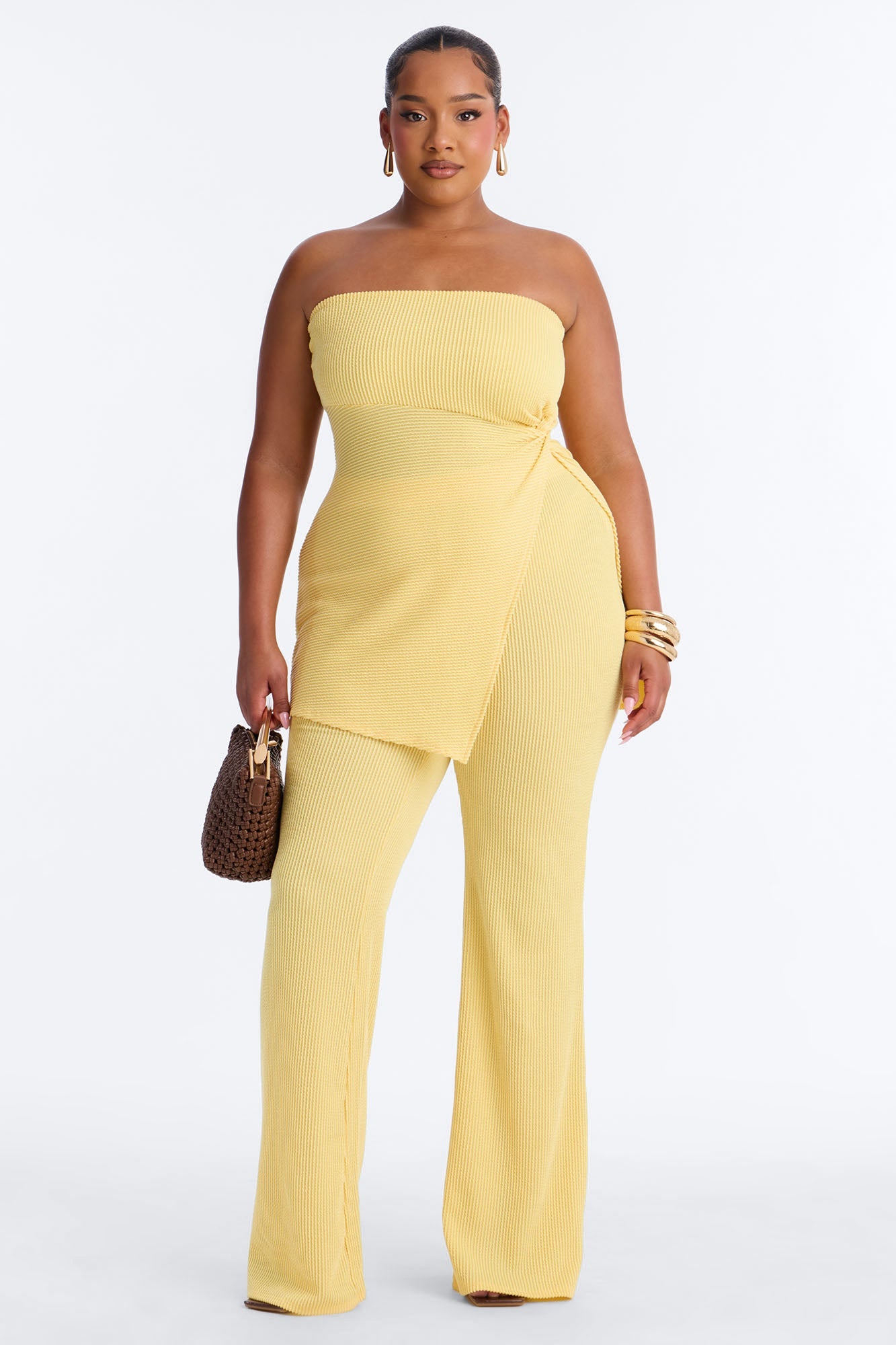 Mona Textured Strapless Flare Pant Set - Yellow