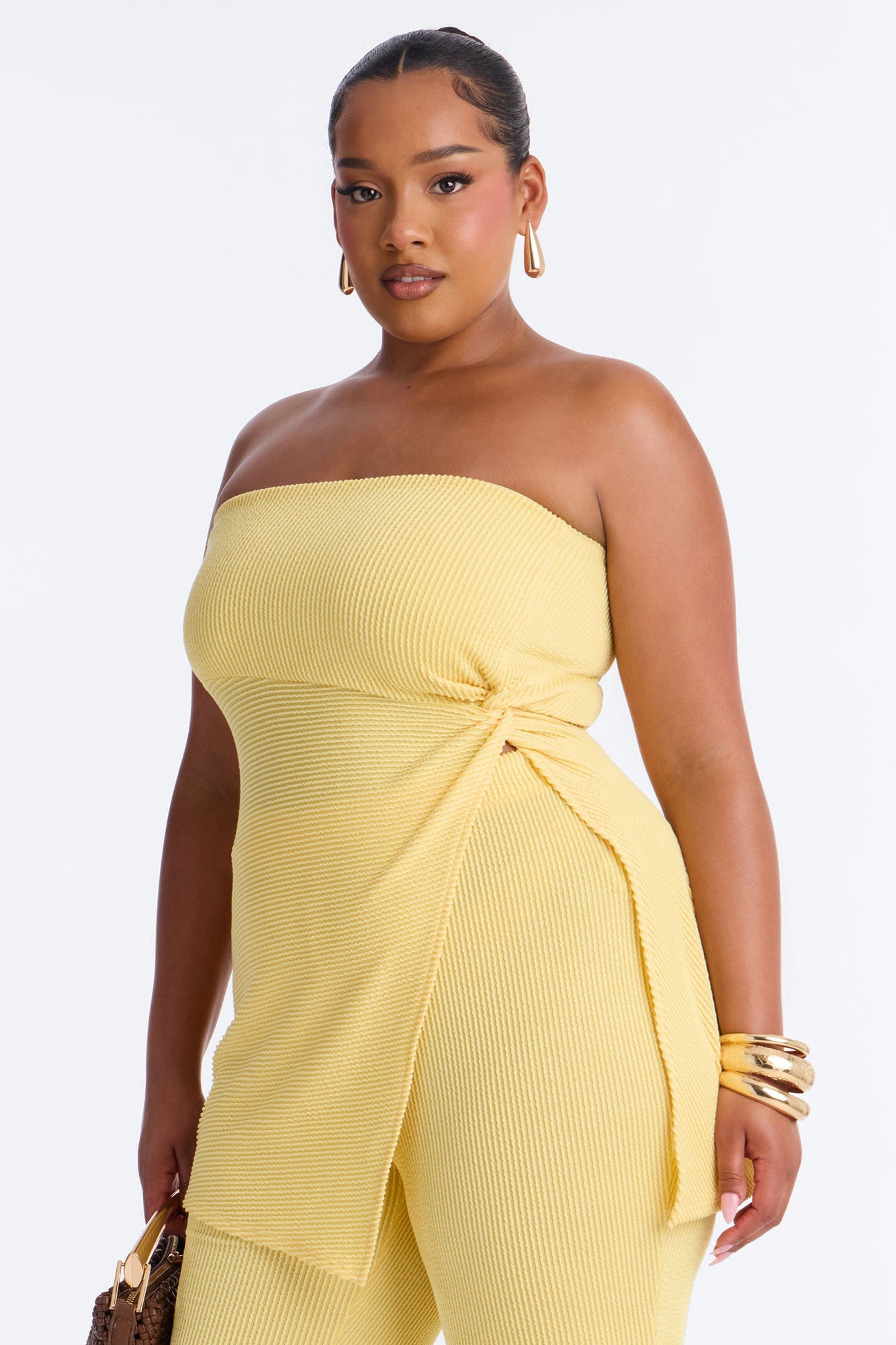 Mona Textured Strapless Flare Pant Set - Yellow