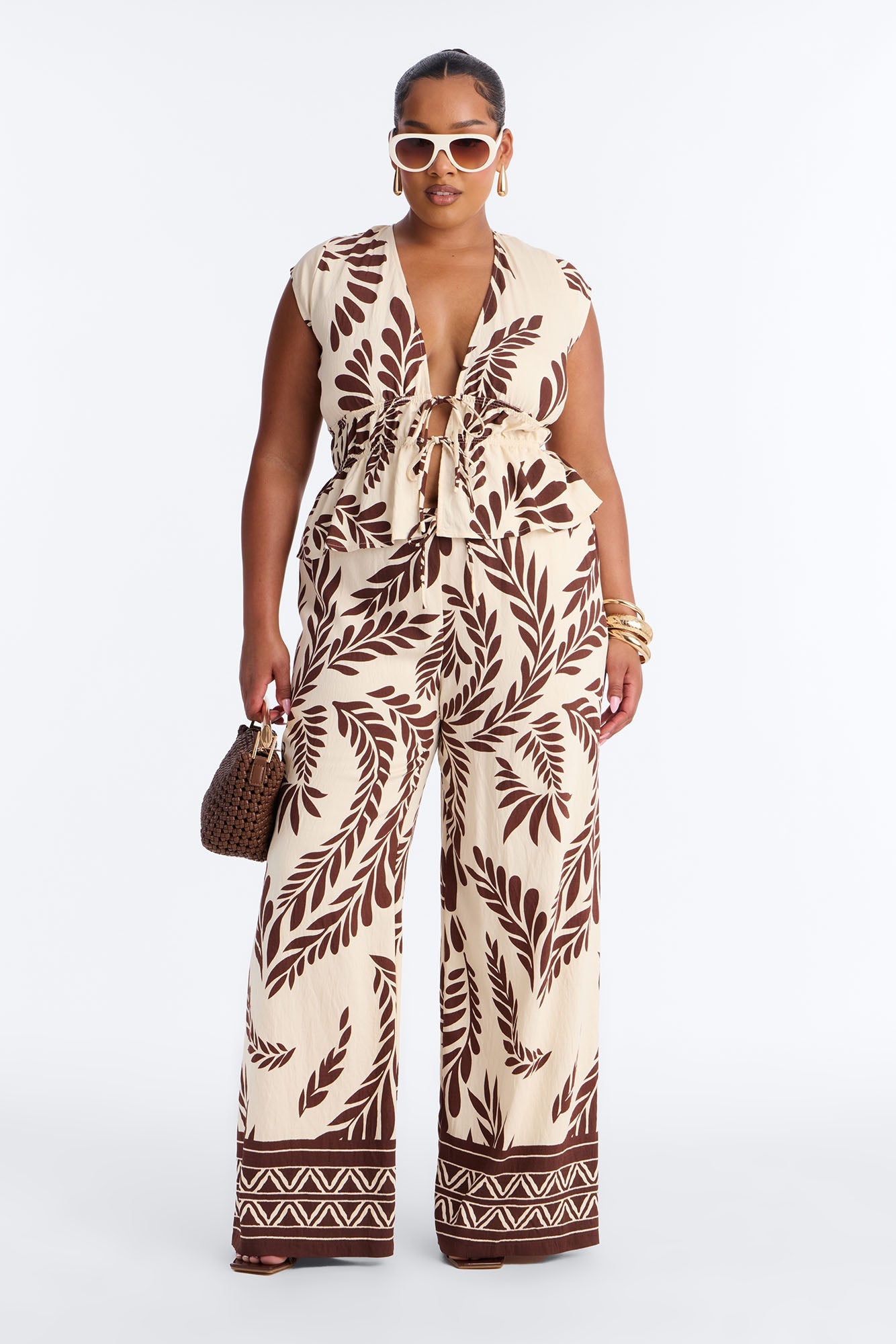 Soriana Linen Floral Pant Set - Brown Combo