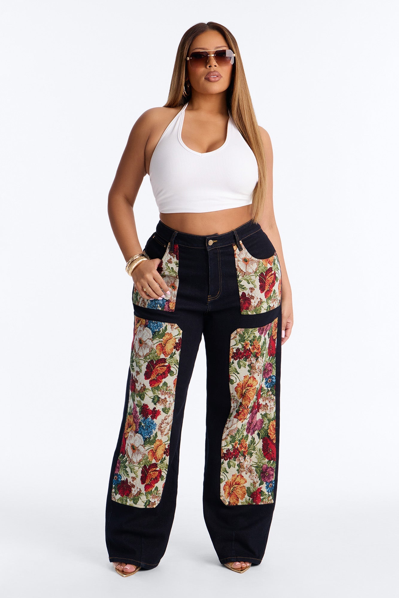 Heirloom Bloom Tapestry Utility Straight Leg Jeans - Dark Denim