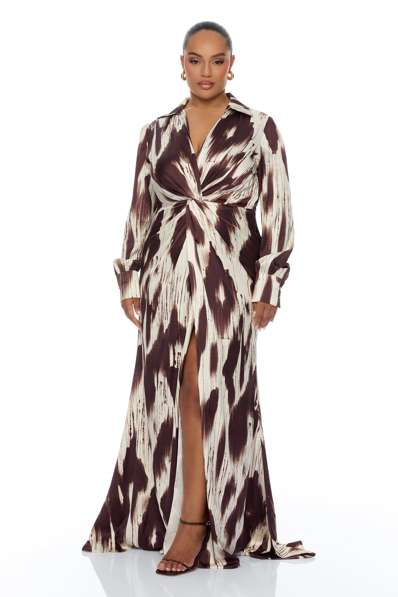 Sashira Collared Satin Maxi Dress - Brown/combo