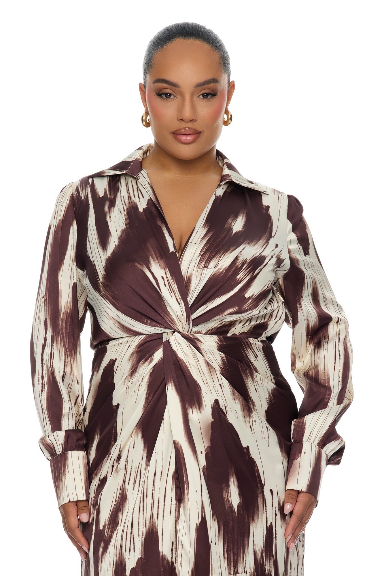 Sashira Collared Satin Maxi Dress - Brown/combo