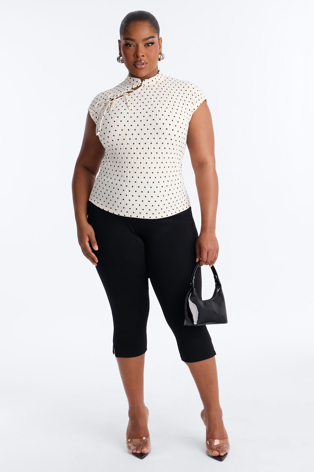 Mina Textured Polka Dot Mock Neck Short Sleeve Top - Cream/combo