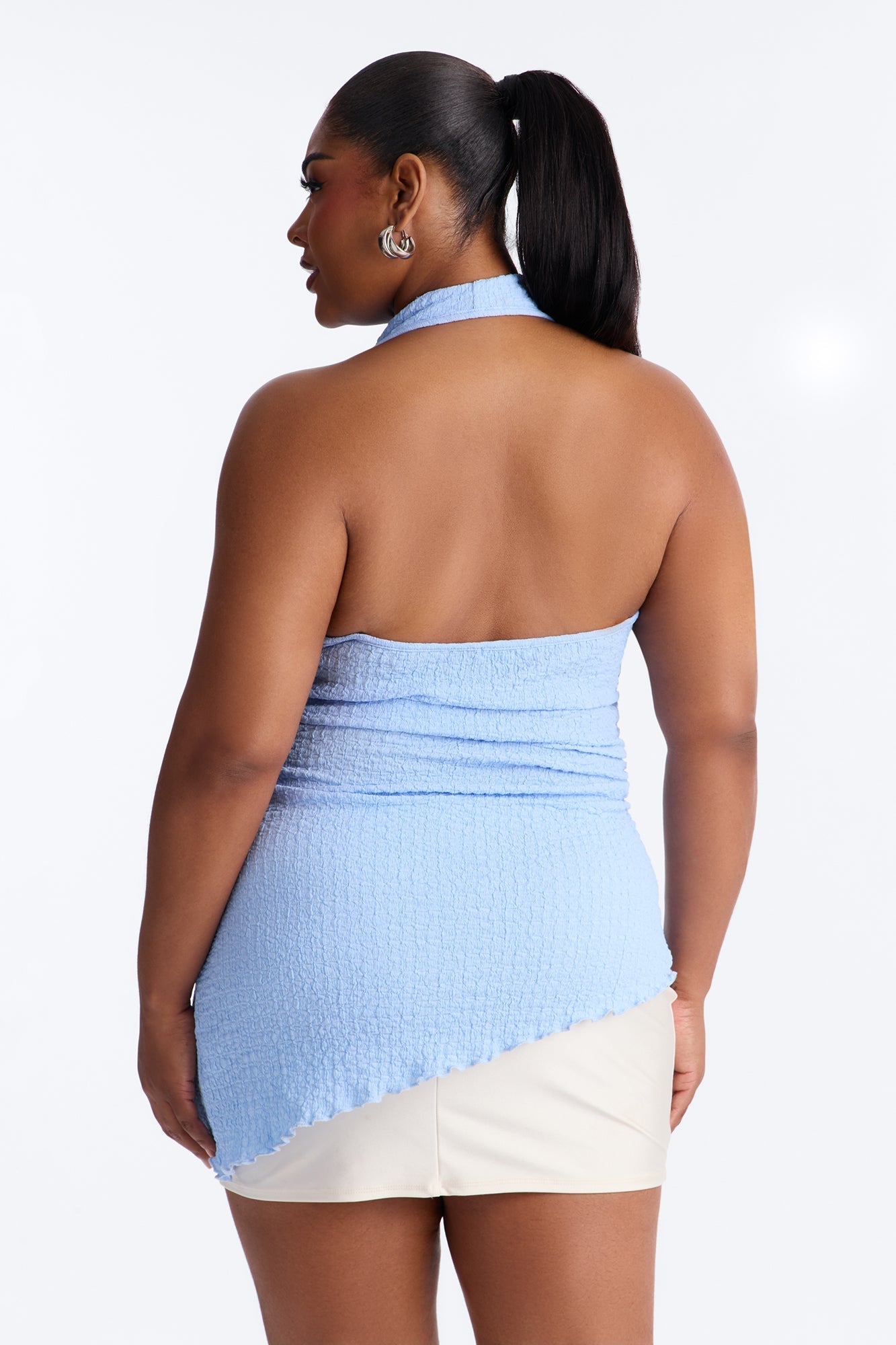Isa Textured Cowl Neck Asymmetrical Halter Top - Light Blue Fashion Nova