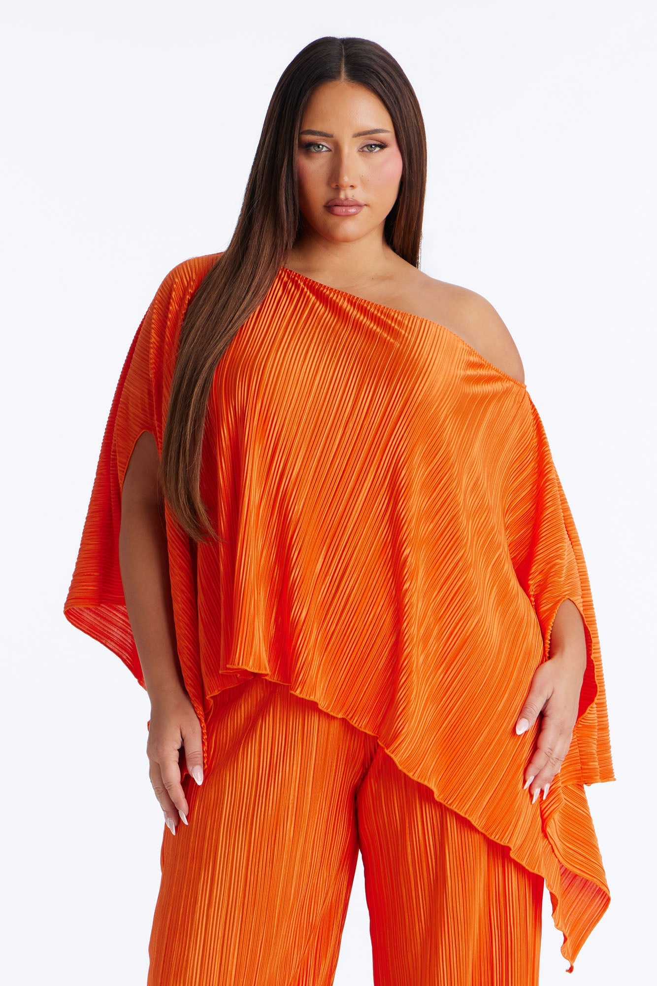 On The Horizon Off Shoulder Plisse Pant Set - Orange