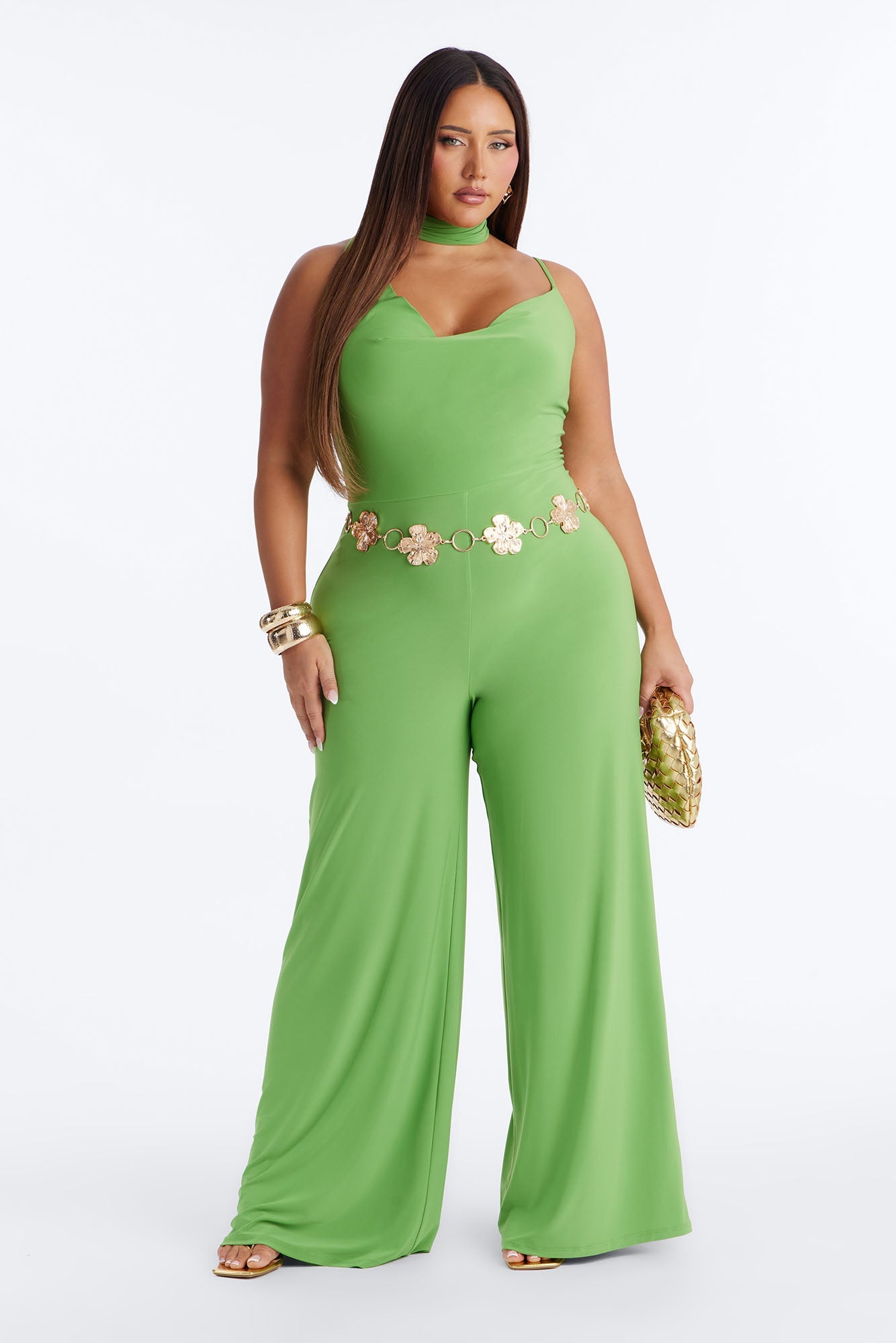 Maliyah Draped Scarf Wide Leg Jumpsuit - Green