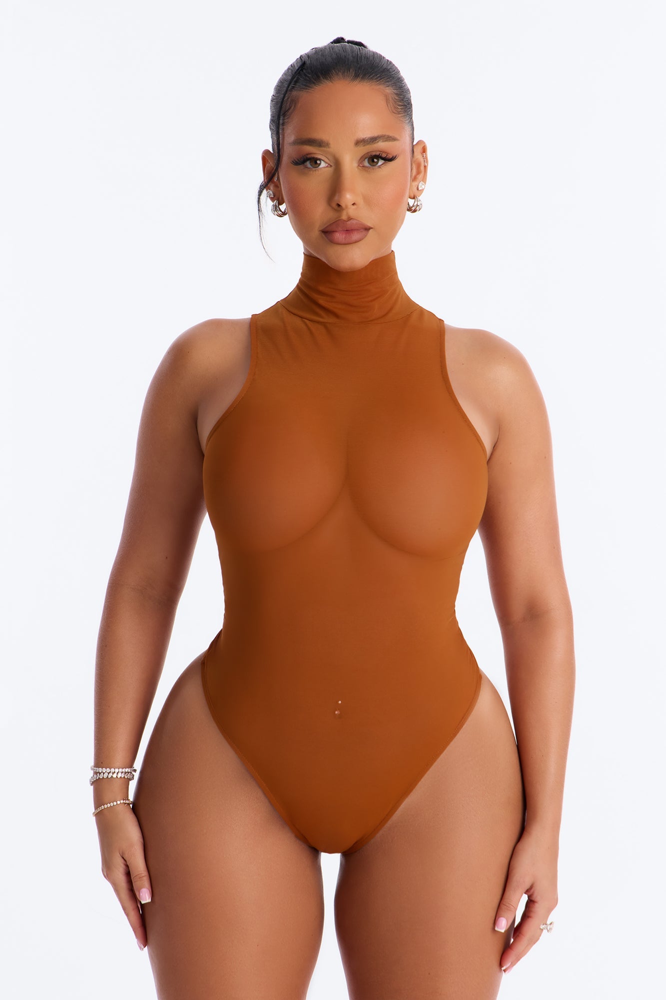 Power Mesh Turtle Neck Sleeveless Bodysuit - Copper