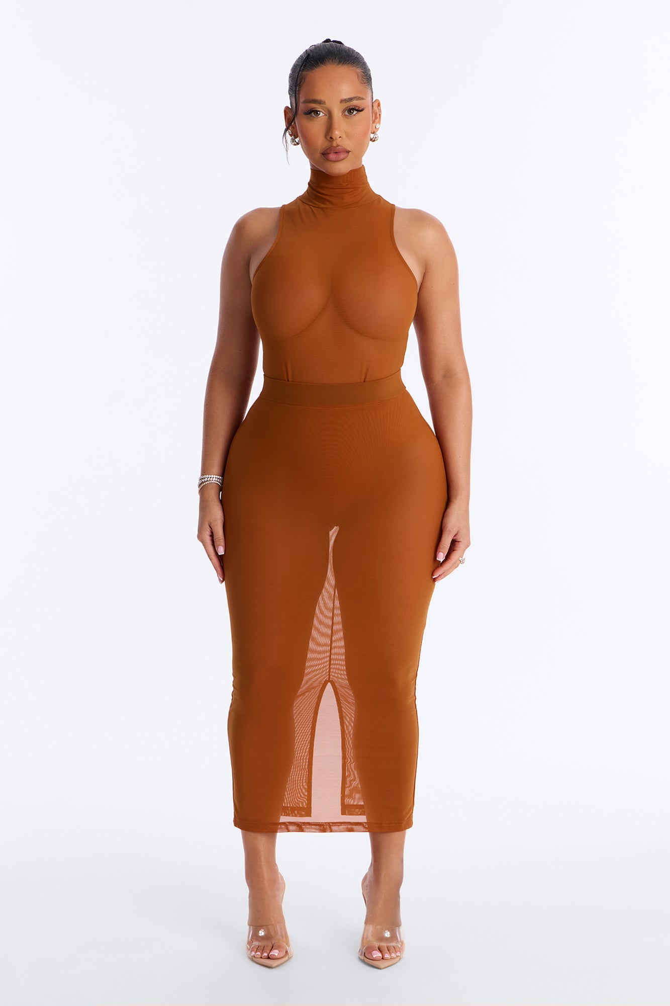 Power Mesh Turtle Neck Sleeveless Bodysuit - Copper