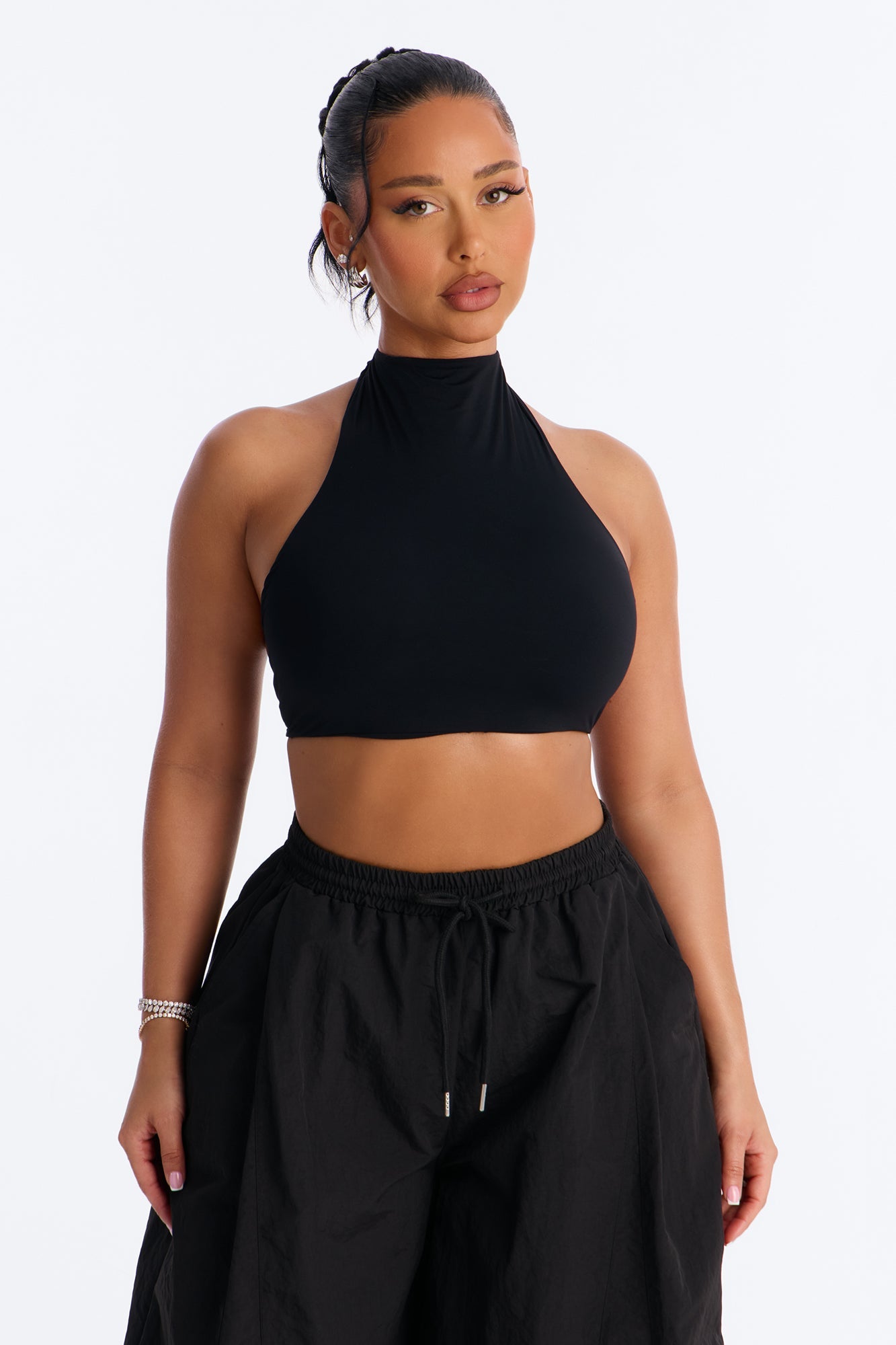 Second Skin Padded Backless Mock Neck Halter Top - Black