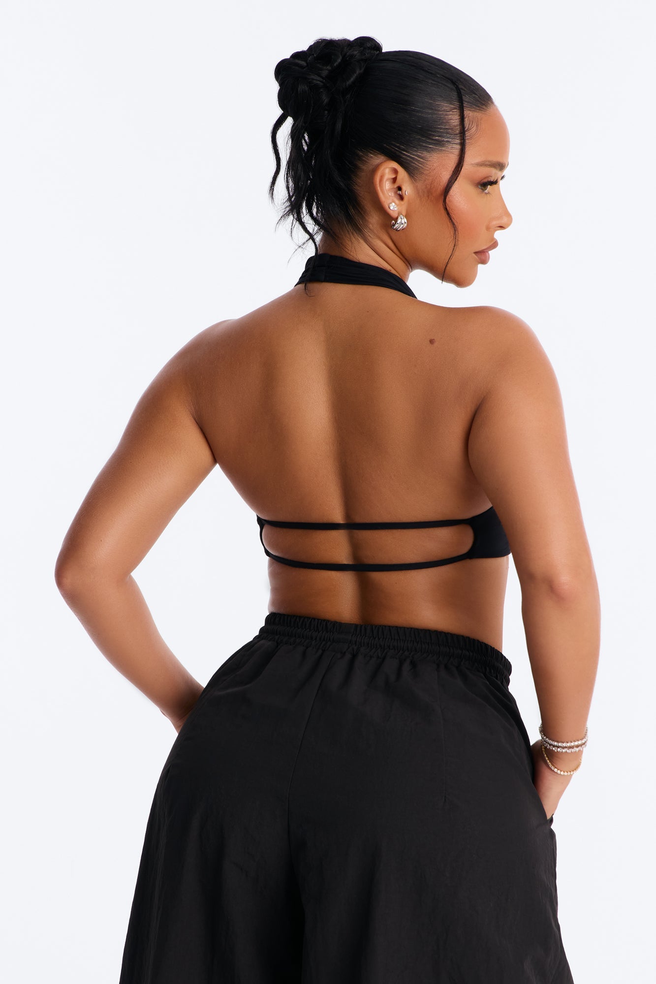 Second Skin Padded Backless Mock Neck Halter Top - Black