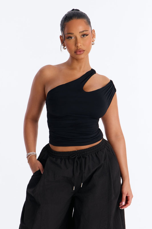 Second Skin Double Lined Cut Out One Shoulder Sleeveless Top - Black