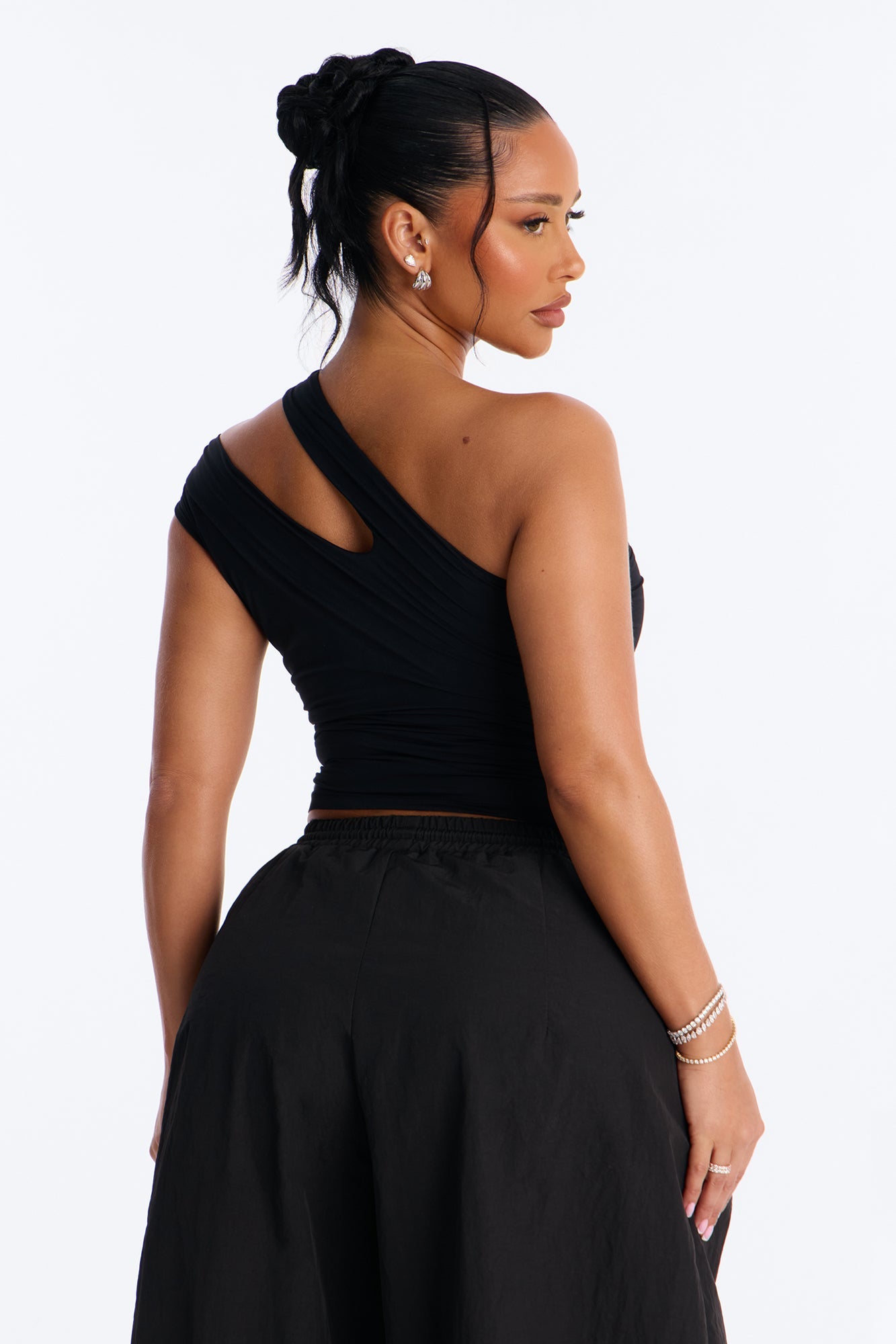 Second Skin Double Lined Cut Out One Shoulder Sleeveless Top - Black