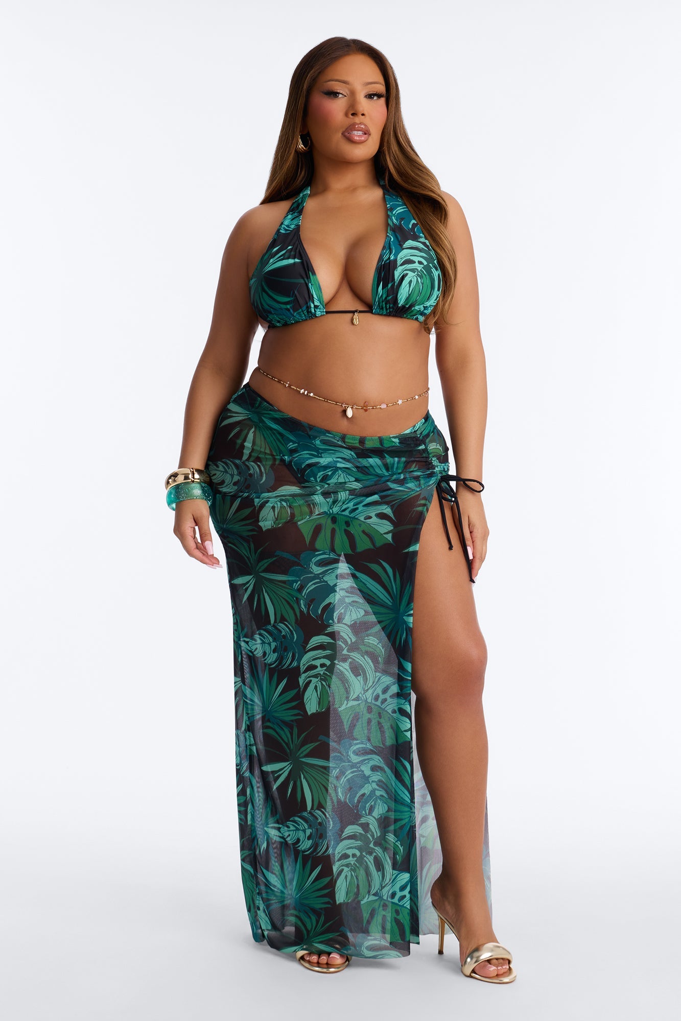 Tiki Goddess 3 Piece Triangle Bikini And Maxi Skirt Set - Green/combo
